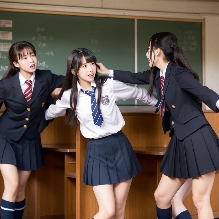 Three high school girls fighting over one guy.。The three women are wearing uniforms..。Three women looking at a man。The man is wearing a uniform and looks nervous...。The location is a school classroom。