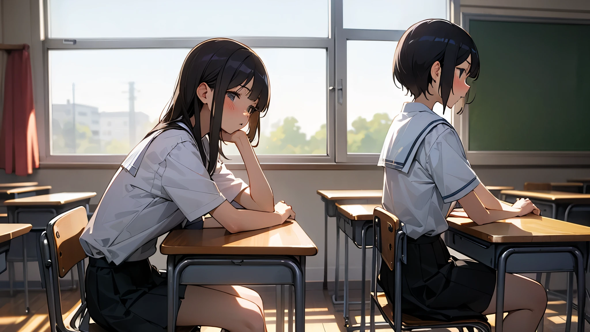A woman looking at me from afar、classroom、blush、high school student、classroomの奥、awkward