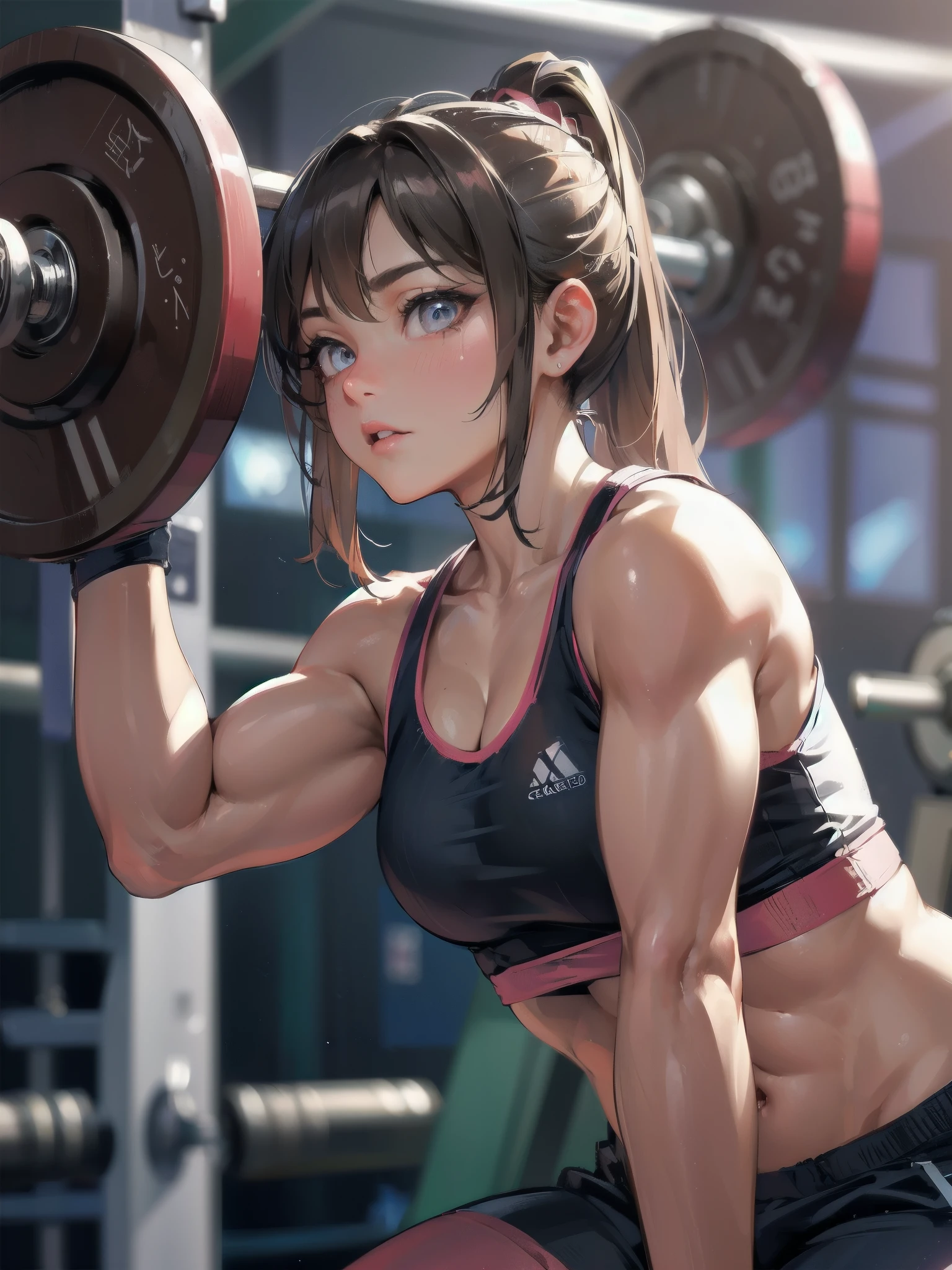 high quality,HD,16k,sharp lines,1 girl,Female weightlifting athlete ,cute face, large breasts, nice legs,At the weightlifting venue,focus girl,detailed beautiful face,detailed clothes,beautiful eyes,cool,dynamic angle