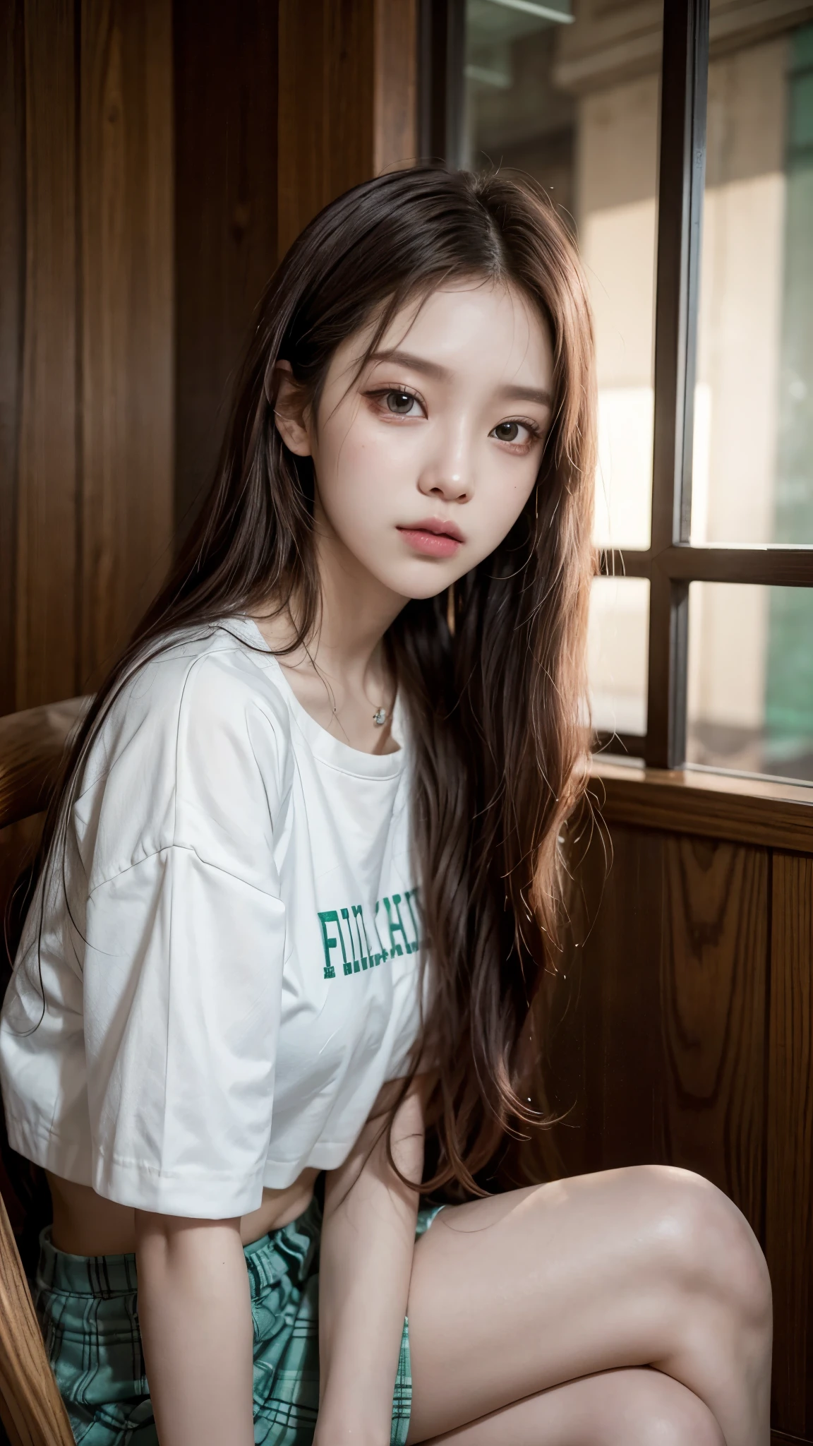 arafed woman sitting on a wooden chair in a green room, ulzzang, krystal, portrait jisoo blackpink, jaeyeon nam, soft portrait shot 8 k, portrait of jossi of blackpink, jisoo from blackpink, portrait of female korean idol, jisoo of blackpink, park ji-min, heonhwa choe, with long hair, pastel