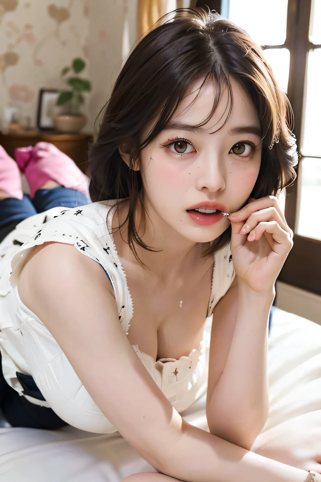 masterpiece、highest quality、Realistic、(Ultra-realistic), (Awareness-raising), (High resolution), (8k), (Very detailed), (The best Awareness-raisingns), (Beautiful and fine details), (highest quality),（ Laughter）、 (Ultra-detailed), (masterpiece), (wallpaper), (Detailed face) 、lightly open-mouthed、Sticking out tongue、Laughter,（Underarm）,（ Laughter）,Plump,solo,Luxury Bedroom、（Wearing a silk open-neck shirt）, Sweaty, Japanese, (Camel Toe)、（Big huge breasts）、Big Tits、Simple living room, Well-maintained white teeth、Ultimate beauty、Sweaty、Cleavage、belly button、Underarm、Beautiful female hands、Brown eyebrows、Captivating look、Beautiful Kube、Sexy panties、Angel Lip、Mecozi、age Girls、Underarm、Hair length、Butt、Perfect Fingers、Abdominal muscles、So ridiculous、lightly open-mouthed、Professional Lighting、Vacant rooms、Anatomically correct、