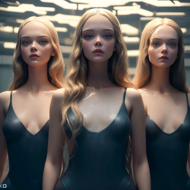 Three women in swimsuits standing in front of a mirror, Elle Fanning as an Android, Surreal Symmetry 8k, Inspired by Vanessa Beecroft, Westworld Style, highly detailed vfx portrait, humanoid woman, Ultra-realistic VFX rendering, hyper - realistic vfx render, Highly detailed surreal VFX, Westworld cinematic stills, Ultra-Realistic CGI