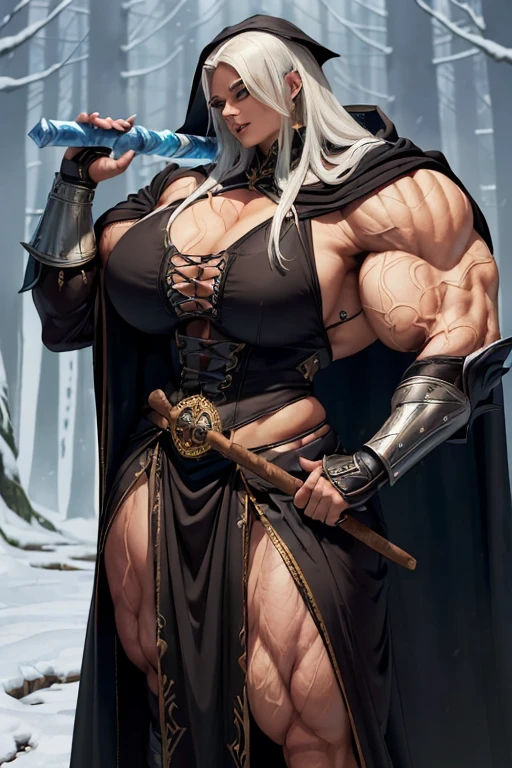 ((((Massive, tall, beautiful, buff, muscular brown skinned woman mage with white hair, black lipstick, ginormous bulky muscles, holding a ice mage staff and wearing a beautiful hooded black enchanted robe with gothic armor and long long skirt)))), (close view), massive muscles, massive biceps, hyper muscle shoulders, hyper muscle triceps, (long straight hair), blue eyes, (wearing an extremely intricate robes, magical robes), mage boots, skirt, smirk, black gauntlets, (in a dark snowy Mystical forest), evening, Vascular arms, hyper vascular arm, hyper muscles arms, hyper muscle legs, massive arms.