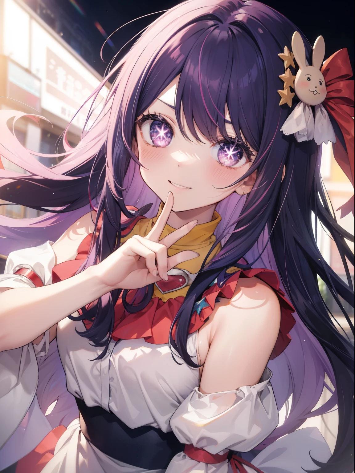 Hoshino Ai、Good looking girl (Long purple hair with square bangs, One-eyed star,blush, Perfect Face), independent , Looking at the camera, masterpiece, Anime art style, Cute Characters, Most detailed, high quality、Nico Nico Smile、Long Hair、Wear cute clothes、Live Play、Idol Costumes、ピースをしている✌️