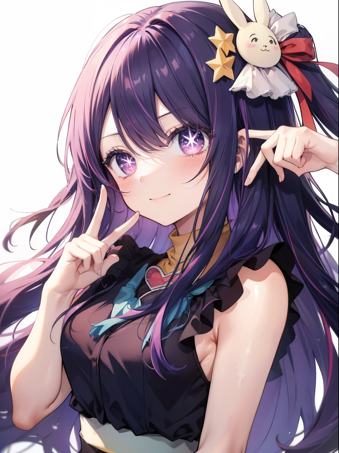 Hoshino Ai、Good looking girl (Long purple hair with square bangs, One-eyed star,blush, Perfect Face), independent , Looking at the camera, masterpiece, Anime art style, Cute Characters, Most detailed, high quality、Nico Nico Smile、Long Hair、Wear cute clothes、Live Play、Idol Costumes、ピースをしている✌️