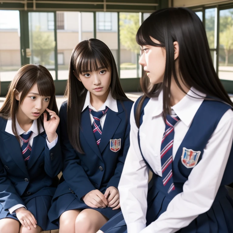 Three high school girls fighting over one guy.。The three women are wearing uniforms..。Three women looking at a man。The man is wearing a uniform and looks nervous...。The location is a school classroom。