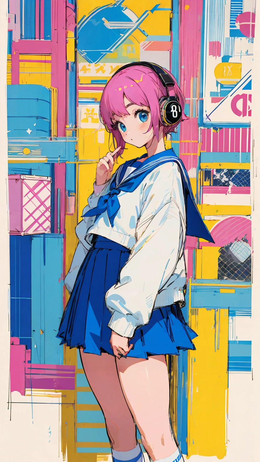 90s City Pop Art、City Pop Style、Sketch Style、LOFI Girl、Beautiful school girl、8 Head Model、Navy blue sailor suit、White sweater、mini skirt、Knee-high socks、Stroll around Harajuku、Headphones 1.2、listen to music、Big eyes、whole body、1 person、Cowboy Shot、listen to music,xyx