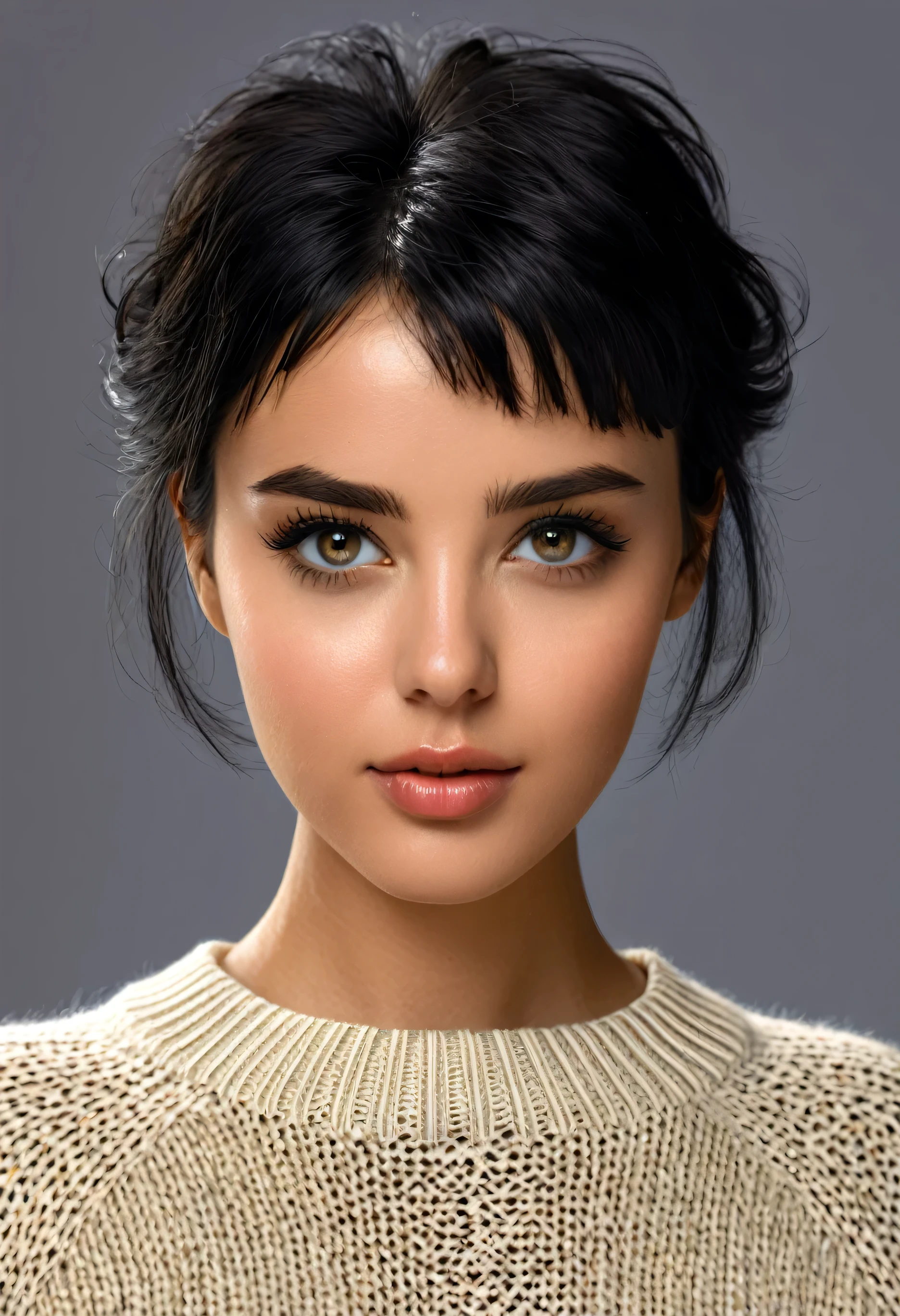 (masterpiece:1.3), (8k, photorealistic, RAW photo, best quality: 1.4), (1girl), beautiful face, (realistic face), (black hair, short hair:1.3), beautiful hairstyle, realistic eyes, beautiful detailed eyes, (realistic skin), beautiful skin, (sweater), absurdres, attractive, ultra high res, ultra realistic, highly detailed, golden ratio