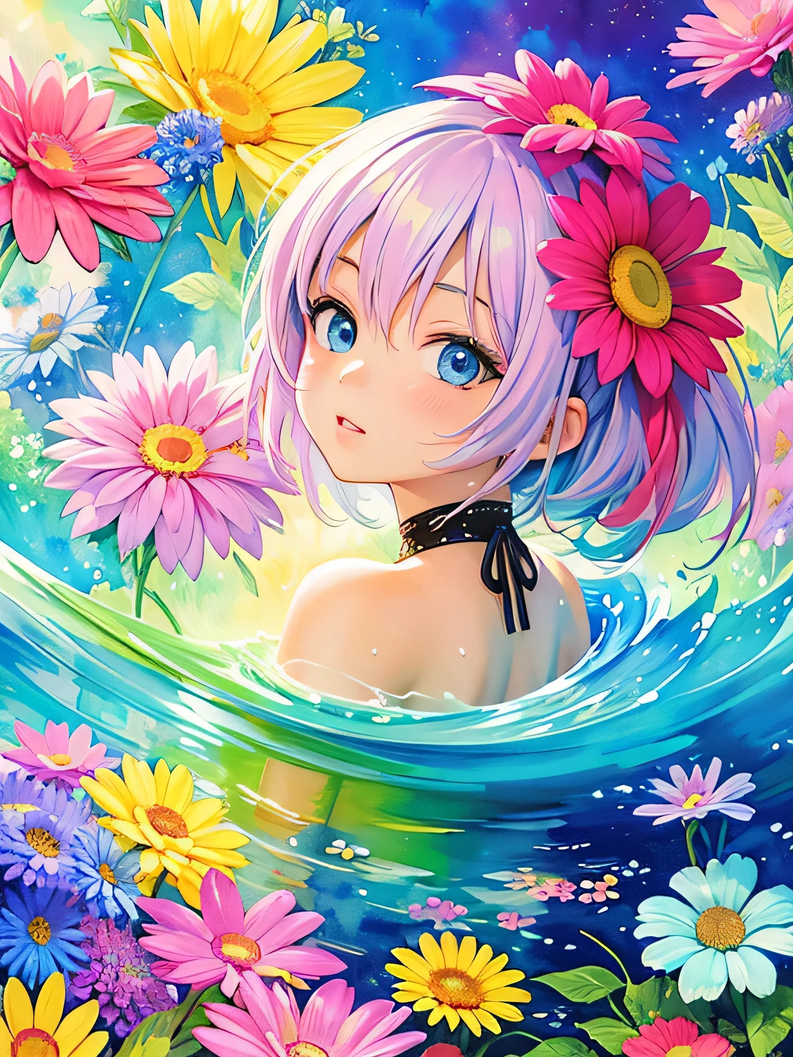 Akira Toriyama style、8K Quality、Intense watercolor, Detailed watercolor art, Watercolor splash, Surreal, avant-garde pop art, Beautiful and expressive paintings, Beautiful artwork illustration, Very colorful tones, wonderful, Cool beauty, highest quality、Official Art, Vector art, Stylish design, ((The most beautiful girl of all time)), (((highest quality))), HDR, ((detailed)), (((Doodle Art)), ((masterpiece)), ((Super detailed)), (((Colorful flowers))), Midsummer Beach,