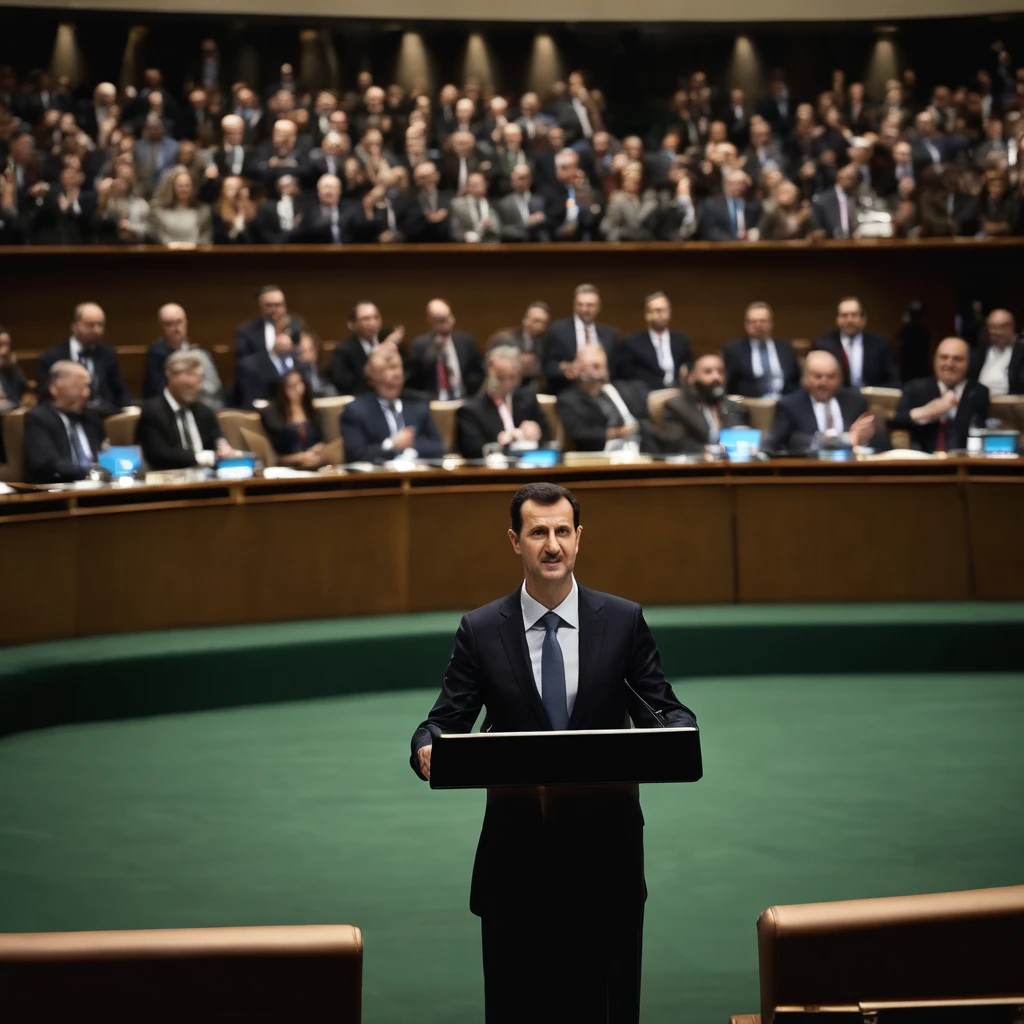 Photograph, 4k, 8k, (Bashar al-Assad), speech in a (podium), in (UN Meeting), (best quality,4k,8k,highres,masterpiece:1.2), ultra-detailed, (realistic,photorealistic,photo-realistic:1.37), HDR, UHD, studio lighting, (vivid colors), portraits, (crowded room), (tiled floor), (elegant background), (applauding audience), (diplomats), (international event), (high-resolution camera), (professional), (sharp focus), (fine texture), (distinguished suit), (reflected lights), (sincere expression), (world leader), artful, (authoritative atmosphere), (historic moment), (confident posture), (global politics), (impressive setting), (UN emblem), (presidential address), (diplomatic negotiations), (political discourse), (historic speech), (inspiring words), (international relations), (diplomatic protocol), intense.