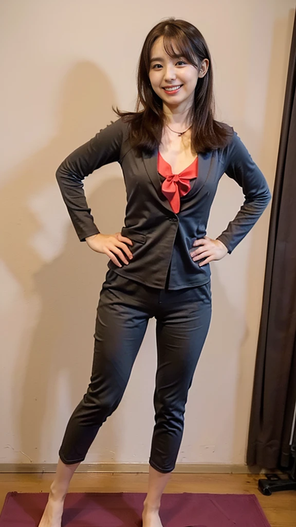 (8k、RAW Photos、highest quality、masterpiece:1.2)、(Realistic、Realistic)、1 girl、((large size black suit、red tie、rub my chest、pants suit、turn knees out、bend knees、 sexy suit、mens suit、large suit、hutanari 、grabbing breasts、 Leg spread、Bow-legged、Touching as if groping the breasts、Wide Stride、Leg spread、smile、sexy、I can see your chest、View from the front、Stand with hands on hips、In the city))、