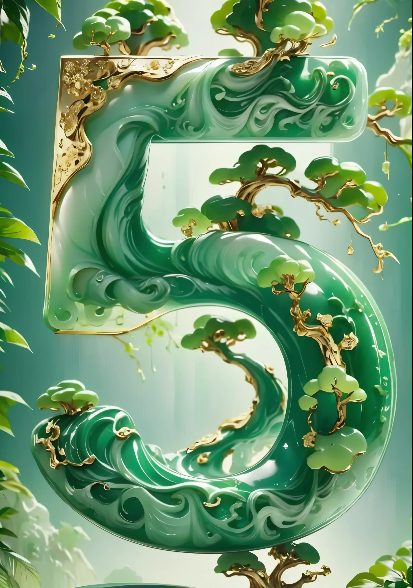 masterpiece，best quality，number "5" is made of jade, gold edges and green trees, golden texture, dimensional, features a rendering, reminiscent of c4d, paintings, Chinese landscape