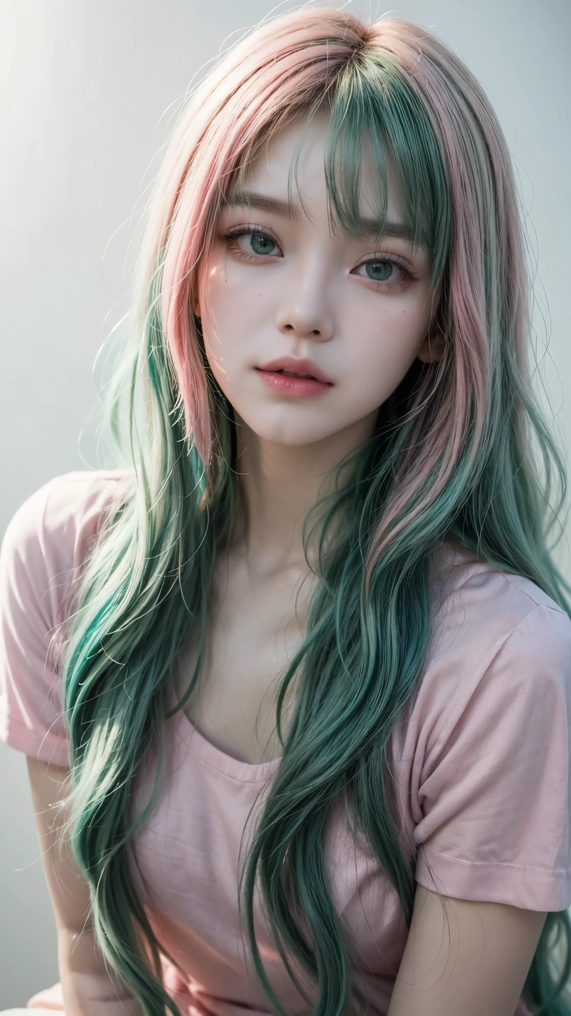 a close up of a person with green hair and a pink shirt, ulzzang, colorful pastel, green flowing hair, with pink hair, long green hair, inspired by Yanjun Cheng, pastel colored, long hair with pastel colors, aurora colored hair, green hair, long cyan hair, with long turquoise hair, in pastel colors, with white long hair