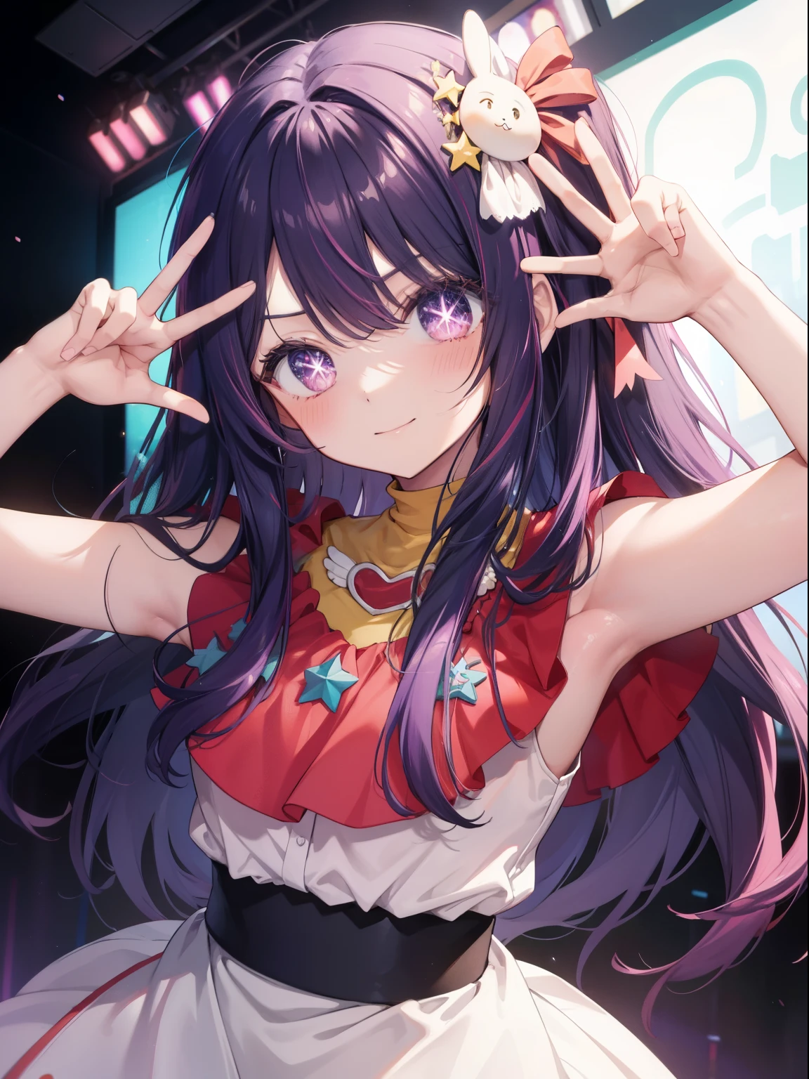 Hoshino Ai、Good looking girl (Long purple hair with square bangs, One-eyed star,blush, Perfect Face), independent , Looking at the camera, masterpiece, Anime art style, Cute Characters, Most detailed, high quality、Nico Nico Smile、Long Hair、Wear cute clothes、Live Play、Idol Costumes、ピースをしている✌️