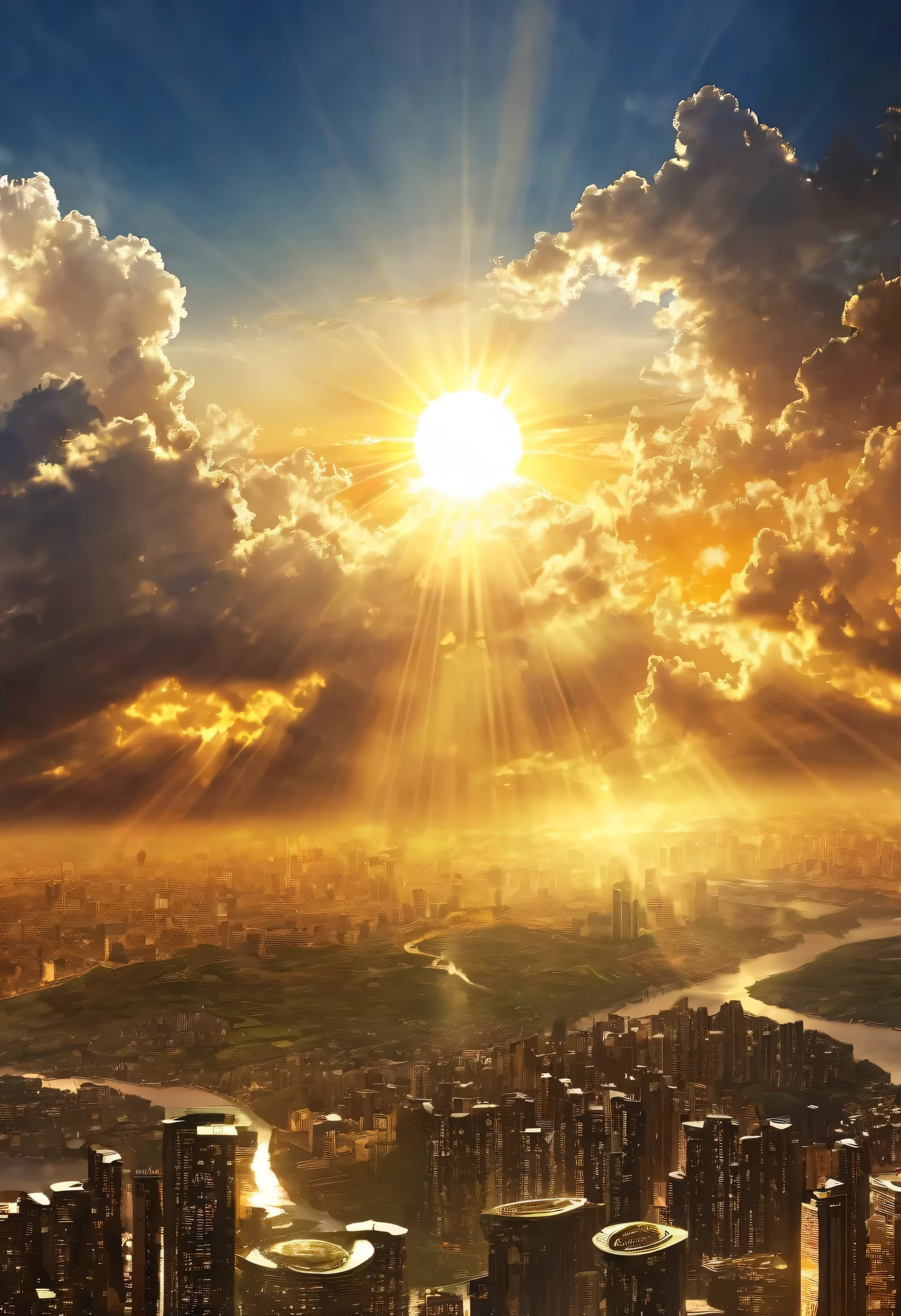 A mysterious city rising into the sky、Digital Art, The clouds clear and the shining sun appears, On Ascension Day,Golden Sun、Cities in the sky、