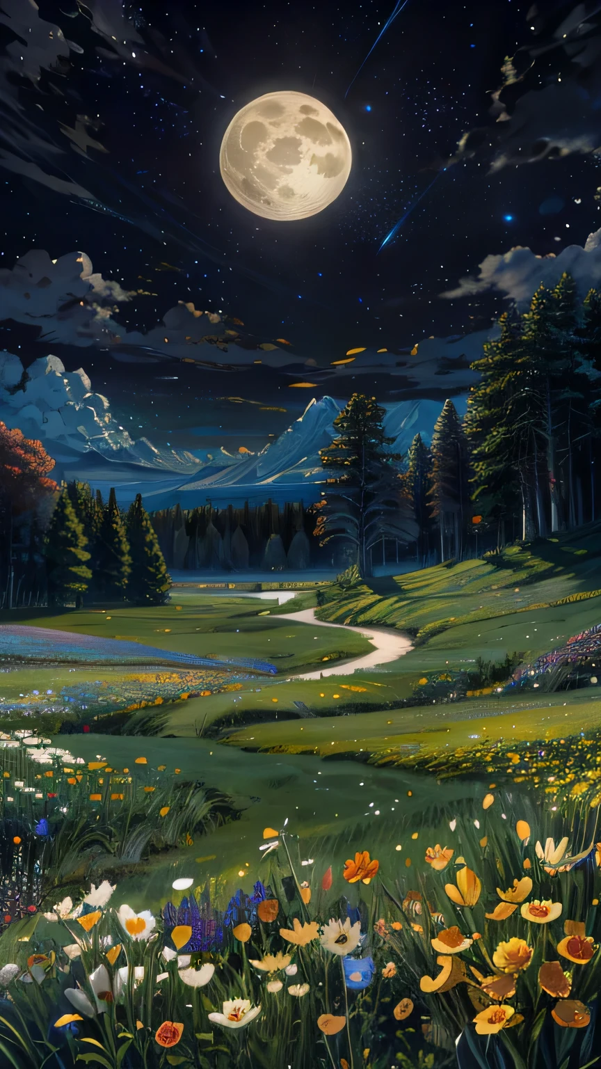 a full moon rises over a field of flowers, moonlight shining on wildflowers, beautiful moon light, full moon background, beautiful moonlight night, yellowish full moon, nighttime nature landscape, field of flowers at night, atmospheric full moon, moonlit night dreamy atmosphere, sandy white moon landscape, night sky full of flowers, beautiful moonlight, stunning moonlight and shadows,  4k hd,, beautiful art uhd 4 k, a beautiful artwork illustration, beautiful digital painting, highly detailed digital painting, beautiful digital artwork, detailed painting 4 k, very detailed digital painting, rich picturesque colors, gorgeous digital painting