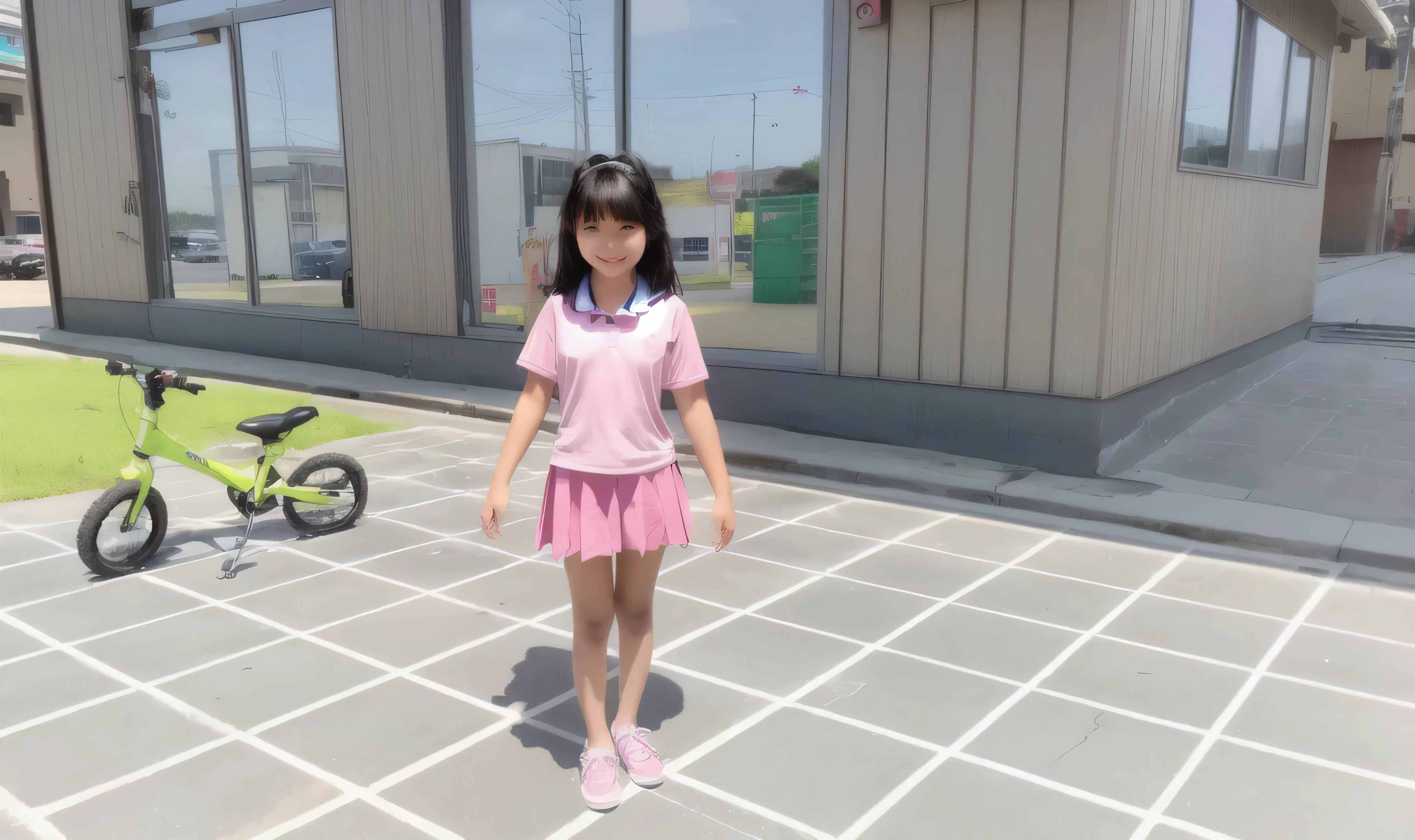 there is a girl from indonesia with short flat bangs that is stand in the street with a bike, school student uniform, realistic