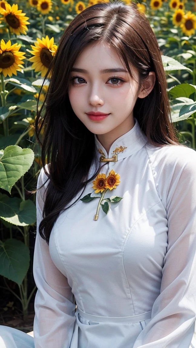 Top-quality Realistic,Official art,Highly detailed CG Unity 8k wallpaper,ultra-detailliert,hight resolution,Physically-based rendering,Magnificat,finely detail,masterpiece,Best Quality,ultra detailed,Mature beauty,Beautiful women,1girl,moist lips,sexy lips,Sexy smile,Gentle smile, 20 years old, Beautiful bare skin,Smooth bare skin, big well-shaped breasts, beautiful cleavage,beautiful Mature body,swept bangs,(Medium hair:1.3), beautiful detailed eyes,model shoot style,Japanese Idol,Full-body,((Sunflower blooming field)),BREAK, ((Ao dai:1.3)),(vietnamese national costume),Delicately expressed eyes,cute smile, (lying),A lot of Sunflower are blooming,lie on own back, overhead shot,