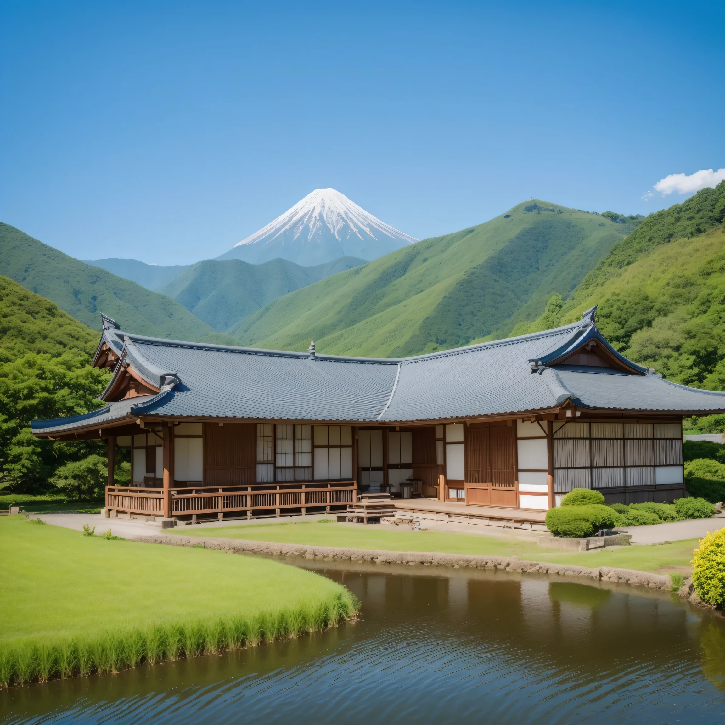 Japanese house、countryside、Mountain、river、Asahi、sun、blue sky、Villager、masterpiece、highest quality、Attention to detail、8k、Wide-angle shot、Sharpness