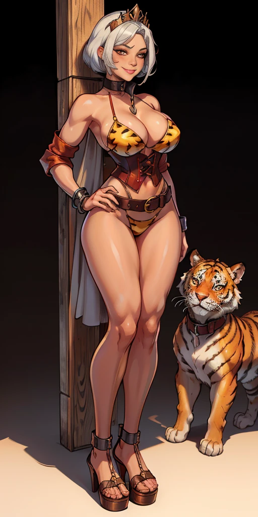 ((BLACK BACKGROUND,1:2, masterpiece)), full body MILF BIMBO standing with two long yellow tiger print stockings thighs and two high heels, red eyes, silver white hair, short bob style hair, big breasts, cleavage, separate sleeves yellow tiger print, tiara royal, long cape up to two feet, yellow tiger bikini print, hands on waist, navel, lustful smirking smiling, smile face (red blushed, red cheeks) metal shoulders, gold sleeveless armbands, black leather choker slave collar, shackle bracelets, slave red crest, full body MILF BIMBO standing with two long thighs and two metal sandals, red eyes, silver white hair, short bob hair, big knockers, cleavage, separate sleeves, tiara royal, long cape up to two feet, yellow bikini, hands on waist, navel, lustful smirking smiling, smile face (red blushed, red cheeks), metal shoulders, armbands, black leather choker slave collar, shackle bracelets, sex slave red crest, pauldrons, breastplate, corset, eye focus, full body, whole body, 1solo, loincloth standing, hands on hips, metal sandals, choker, big belt, view from below, feet together, bracers, tiara) standing contrapposto straight symmetrical looking to viewer bondage pole