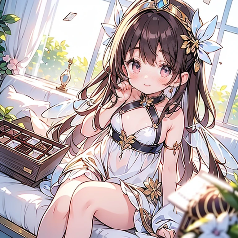 (Exquisite, beautiful, Very detailed, masterpiece, High resolution,high quality,High resolution),(Well-formed face,Soft and thin lines: 1.2, beautiful, Delicate and vivid illustrations with a mature and clear feel), Lots of beautiful and delicious looking chocolates,A chocolate-winged fairy is floating in the air holding a large silver fork with a Happy smile on his face,Chocolate motif ball gown dress, Race, Ruffles and ribbons, fluffy, Black and white tones on a dark brown base.,Chocolate Tiara,neckRace,Earrings,bRacelet,chocolate fairy wings,(Short eyebrows,Pale pink blush, Plump pink lips,Beautiful eyes,Quite large and fluffy bust,Open chest,Fair skin, Good style,Knee-high with Race,),Happy,smile,Melted chocolate,Chocolate cake,truffle chocolate,chocolate bar,Pocky,chocolate cookies,Bright colors,Eye-catching colors,Dynamic Angle,Cute Dream,