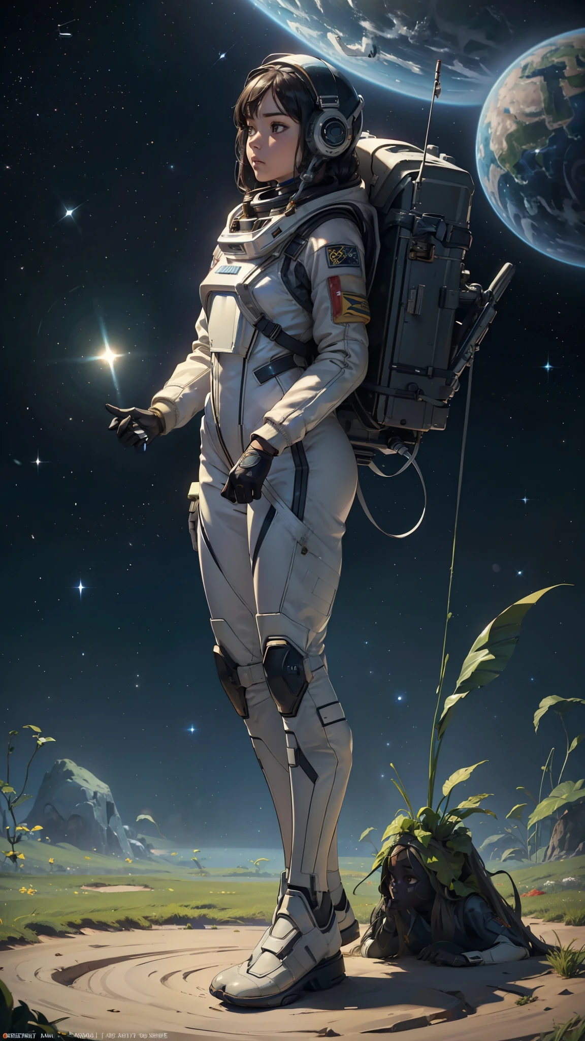 (masterpiece, top quality, best quality, Extremely detailed details, official art, Movie Light Effects, Beauty and aesthetics: 1.2), (Looking at the audience:1.3), ((Full body,Center on screen)), Arav woman in a space suit stands in a green wheat field,A fertile planet,Full of green plants,The background is the vast universe, Woman wearing space suit, no helmet, interstellar space suit, Female astronauts do not wear helmets, Portrait of an AI astronaut, On an alien lawn, Young beautiful woman plays astronaut, Interstellar surrealism,Korean girl group face, Beautiful idol face, Wearing a flight suit, Matte painting portrait photography,HDR, Starry Sky, planet, meteor, Light streaks, Gorgeous color performance, 8k.