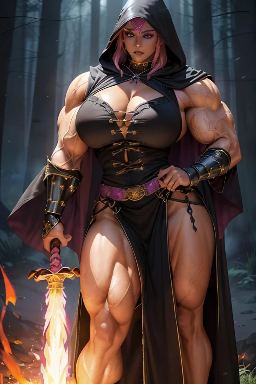 ((((Massive, tall, beautiful, buff, muscular brown skinned woman mage with shocking pink hair, black lipstick, ginormous bulky muscles, holding a fire mage staff and wearing a beautiful hooded black enchanted robe with gothic armor and beautiful long skirt)))), (close view), massive muscles, massive biceps, hyper muscle shoulders, hyper muscle triceps, (angled bob cut), red eyes, (wearing an extremely intricate robes, magical robes), mage boots, skirt, smirk, black gauntlets, (in a dark fire Mystical forest), evening, Vascular arms, hyper vascular arm, hyper muscles arms, hyper muscle legs, massive arms.