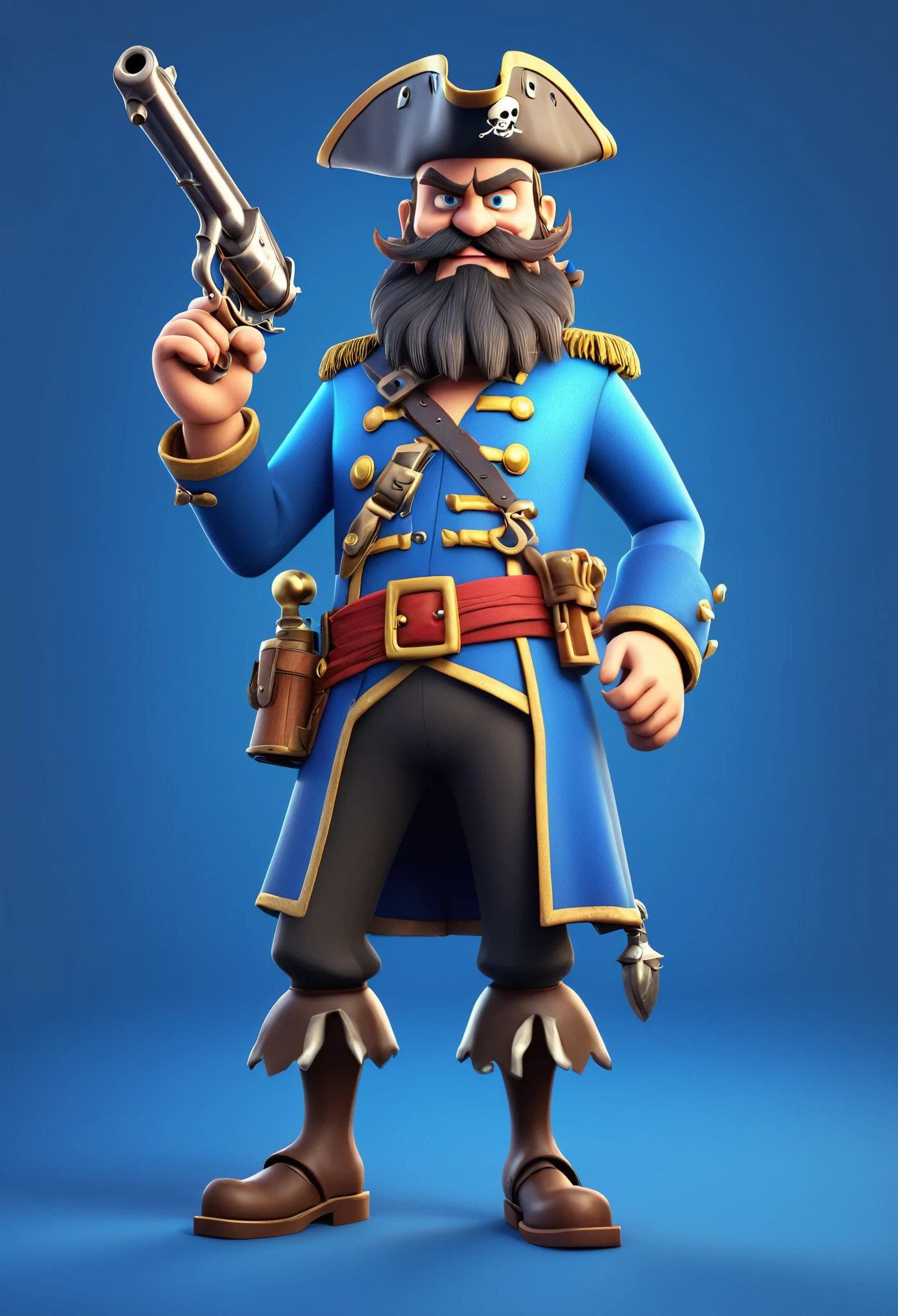 A cartoon character, full body, one-eyed pirate captain, ferocious bearded man holding an antique pistol, Pixar 3D style, Clash Royale style 3D rendering, perfect image quality, smooth texture, 8k