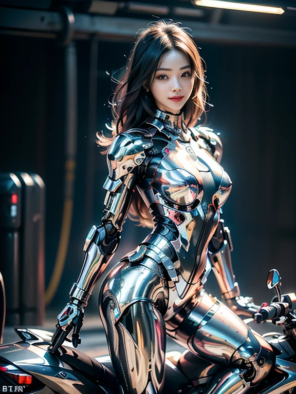((highest quality)), ((masterpiece)), ((Perfect Face))、((Detailed Motorcycle))、Detailed and clear photos、((Cyborg Woman))、((Cyborg in a sexy super shiny silver metal jacket and leather pants))、((Riding on motorcycle))、((cybernetics))、Slender body、((Woman with a mechanical body))、Communication Headset、(((Steel Fingers)))、(((The body is mechanized)))、Full Body Shot、The background is a futuristic city、smile、((A beautiful face with big eyes)),(A sexy cyber suit that exposes a lot of skin)、(Sexy pose with butt sticking out)、(Teeth clean、自然なsmileがかわいい)、Laugh anyway