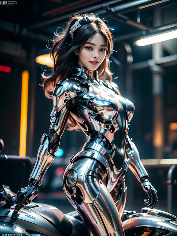 ((highest quality)), ((masterpiece)), ((Perfect Face))、((Detailed Motorcycle))、Detailed and clear photos、((Cyborg Woman))、((Cyborg in a sexy super shiny silver metal jacket and leather pants))、((Riding on motorcycle))、((cybernetics))、Slender body、((Woman with a mechanical body))、Communication Headset、(((Steel Fingers)))、(((The body is mechanized)))、Full Body Shot、The background is a futuristic city、smile、((A beautiful face with big eyes)),(A sexy cyber suit that exposes a lot of skin)、(Sexy pose with butt sticking out)、(Teeth clean、自然なsmileがかわいい)、Laugh anyway