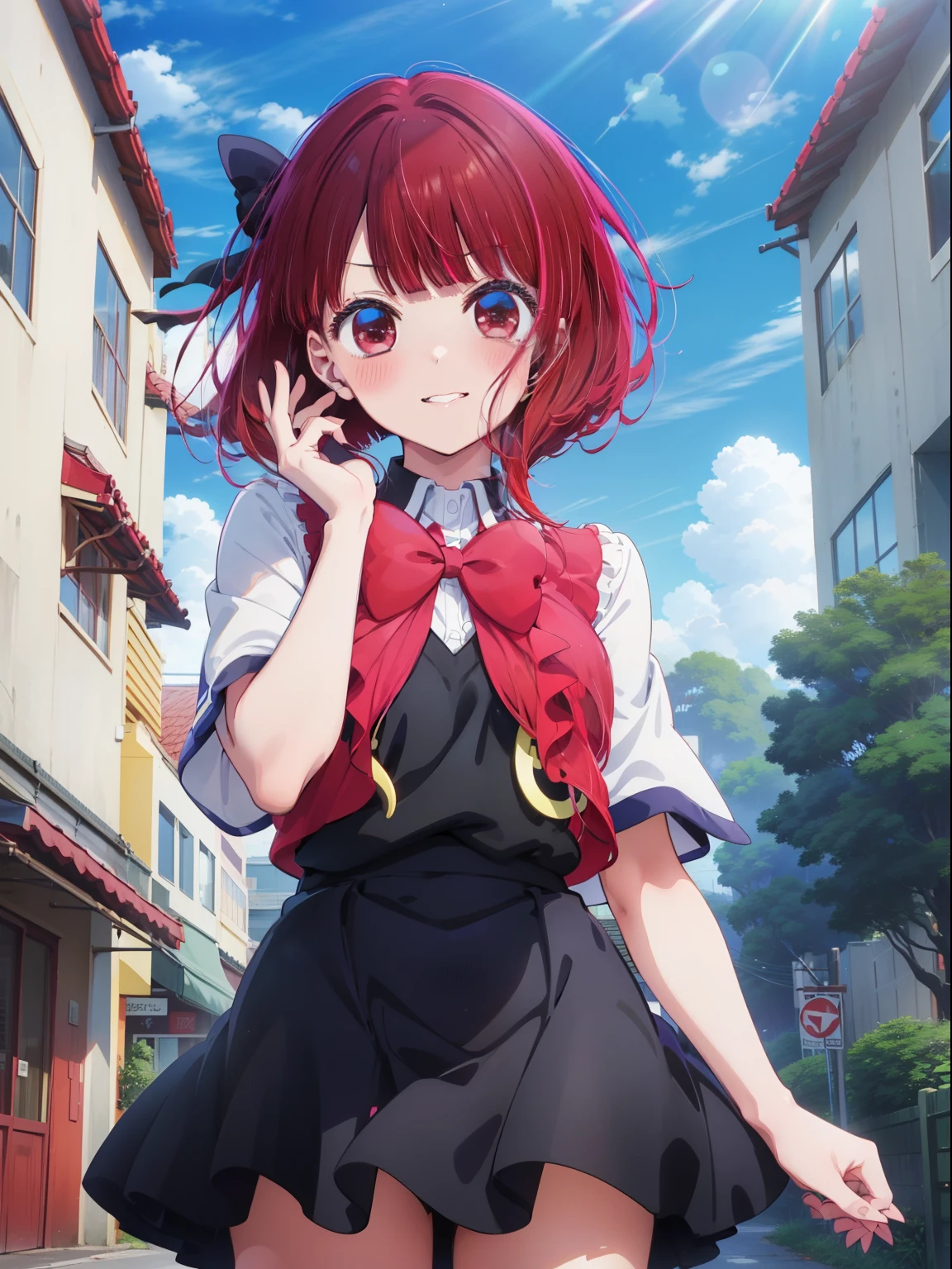 Arima Kana、Good looking girl (Red hair with square bangs、blush, Perfect Face), independent , Looking at the camera, masterpiece, Anime art style, Cute Characters, Most detailed, high quality、Nico Nico Smile、Wear cute clothes、Live Play、Idol Costumes、