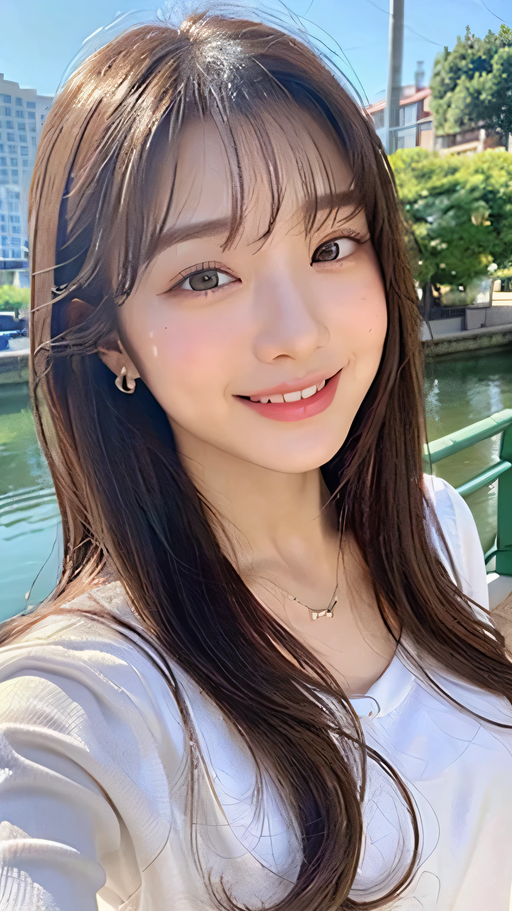 (8k、highest quality、masterpiece、超A high resolution、High resolution face:1.3)、Portrait、(20-year-old girl:1.3)、Bokeh Depth of Field、frontage、 The smile of a genius、Ultra-detailed、Ultra-high resolution、(Realistic、Realistic photos:1.37)、High-resolution RAW color photos、Professional photography、hVery detailed and beautiful、Very detailed、8k Picture Wallpaper、Incredibly detailed、Large file size、Official Art、HVery detailed CG Unity 8k wallpapers、hVery detailed beautiful girl、Very detailed顔、Very detailed目、Very detailed skin、Very detailed指、hVery detailed nose、Very detailed mouth、Perfect Anatomy、HVery detailed clothing、1 girl、(18:1.2)、、cute、Famous Japanese Idols、cute、Realistic body、、White skin、Glowing Skin、The body is slim、Handsome body、Brown haired、(Blunt bangs:1.2)、Classic wavy long hair、 (Hmph:1.3),Laughter、cute、Zola々right、cute faces、A vivid face、Delicate eyes、Source Order、White T-shirt、Skirt、Looking at the camera、Cowboy Shot、Along the River、Positive、Contrapo、public