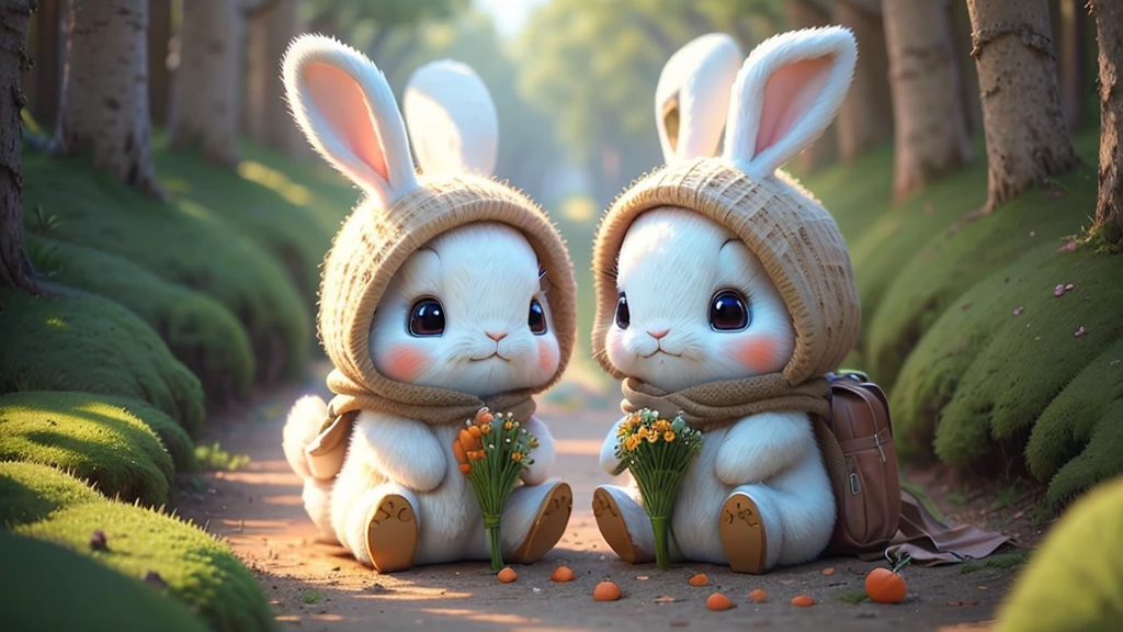 Write a picture of a cheerful and adorable rabbit, Two rabbits getting married. A vast forest spreads out before your eyes.,I have a carrot in my hand,