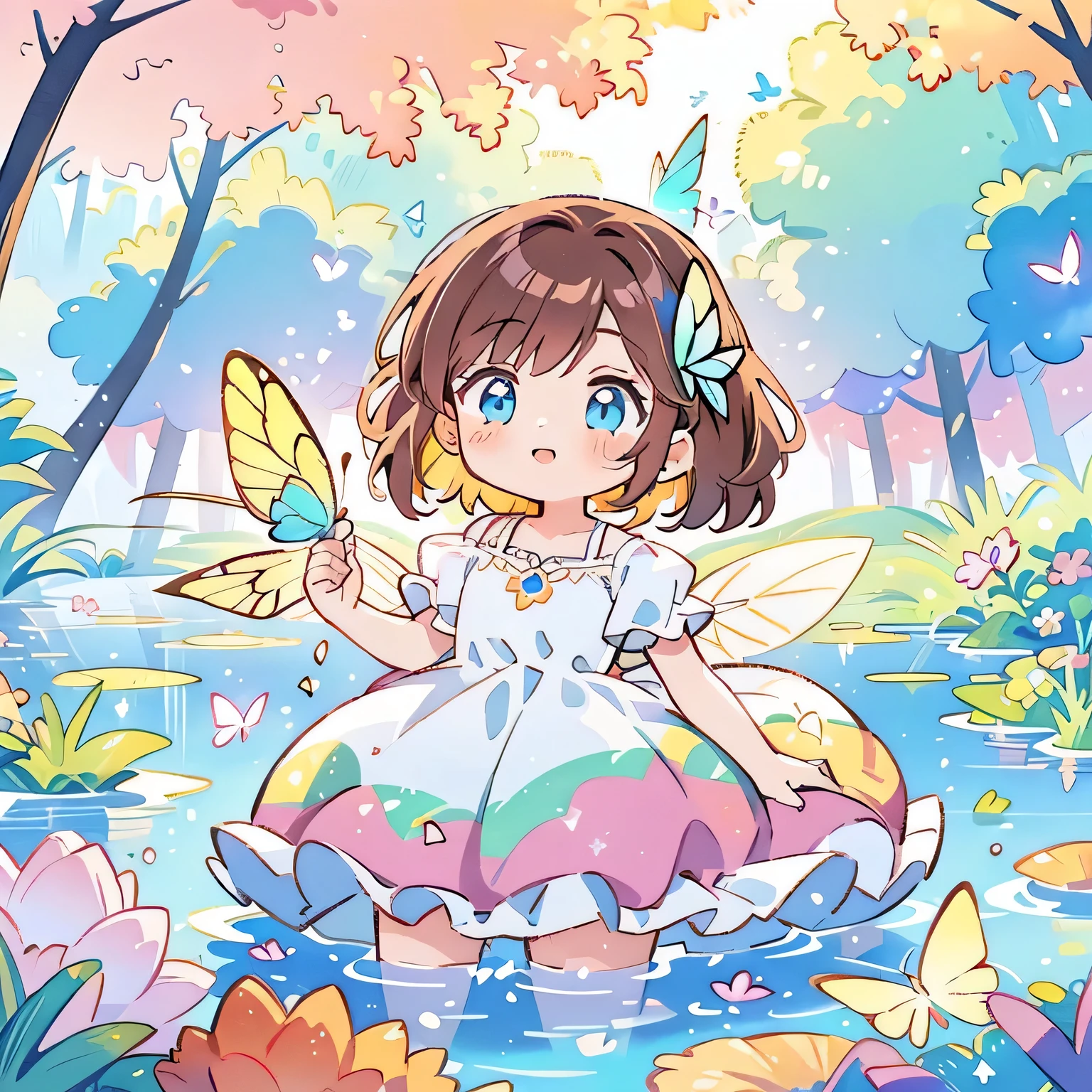 Watercolor illustration, Bright pastel colors, dream, rich and colorful, Fantastic, magic, masterpiece, best quality, Clear focus, Complex environment, Fine details, 8k resolution, Fall lagoon, (magic lagoon), (Fall, lake), Glowing Butterfly, Cute puffy fairy, a glowing fairy, beautiful girl,Wearing a sparkling delicate white dress, brown hair, blue eyes