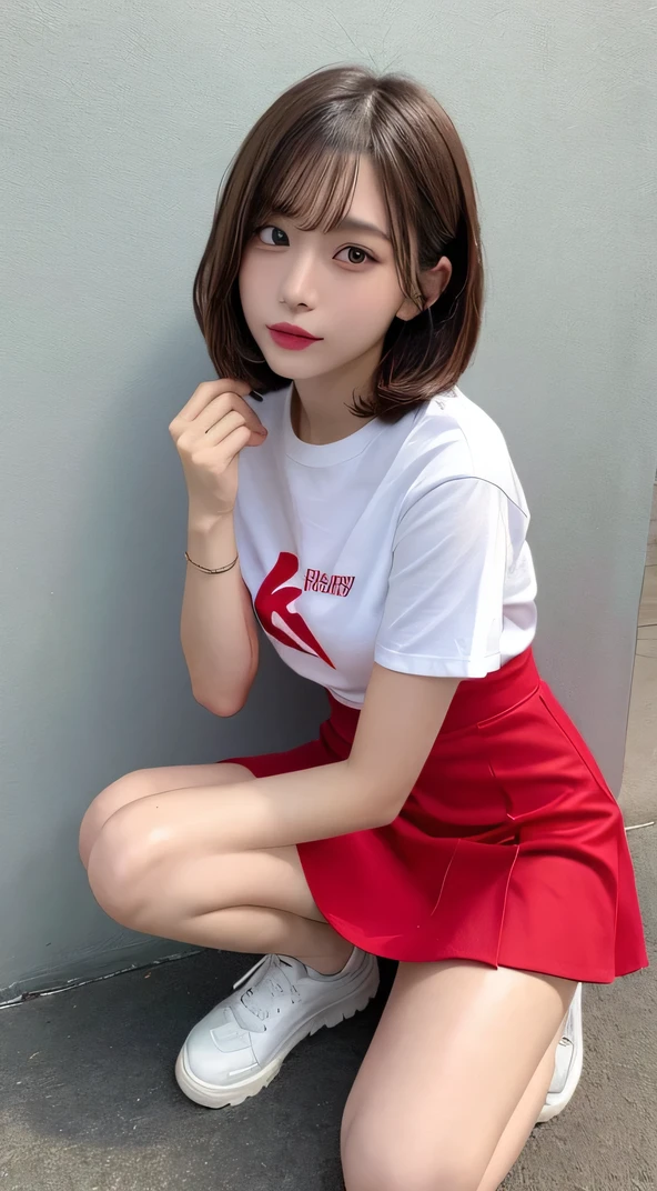 In detail,Full body photo、 High resolution, high quality、Perfect dynamic composition, Beautiful fine details, Blonde、Bobcut、Natural color lip,Kamimei、-yeld gi1 person、Clear Skin、White shirt with red opening、Red mini skirt、Thighs、Shiny Hair、最high quality, figure, Very detailed, In detail, High resolution, 8k、The correct state of the human body、squat、Sculpture model pose，Pink wall