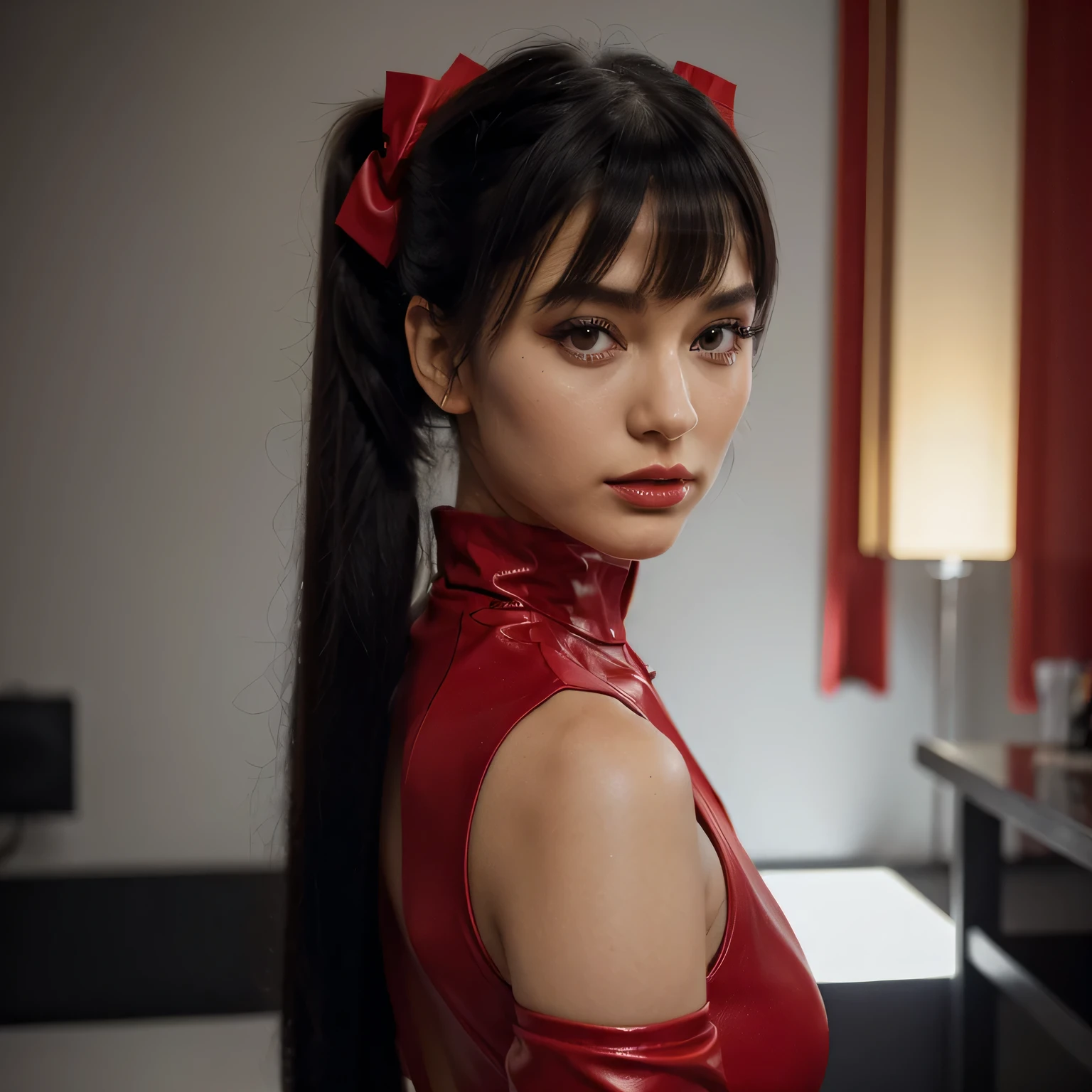 A beautiful hyperreal woman who represents Sailor Moon. Black hair, very big breasts, giant butt, tiny waist. Her face has Japanese anime features. Pigtails: she has long black hair that reaches approximately the middle of his back. Her distinctive hairstyle consists of two high, voluminous pigtails that extend up and out from the top of her head. Bows: At the base of each ponytail, she wears a large bow that keeps her hair in place. Bangs: She has short, blunt bangs that frame her face and curve to the sides. She wears a sleek, full-body, yellow leather jumpsuit, exuding confidence and boldness. The material hugs her curves, accentuating her figure with a daring edge. The outfit features intricate red accents strategically placed along the seams and edges, adding a pop of contrasting color. The jumpsuit is designed to command attention, with a high neckline and long sleeves, contrasting with its vibrant hue. Accessories include statement red heels with sharp, geometric shapes, complementing the overall avant-garde aesthetic. The makeup is minimal yet striking, with a bold red lip and sharp winged eyeliner, enhancing the model's fierce expression. This ensemble is meant to be showcased on a futuristic runway, amidst cutting-edge architecture and avant-garde lighting.