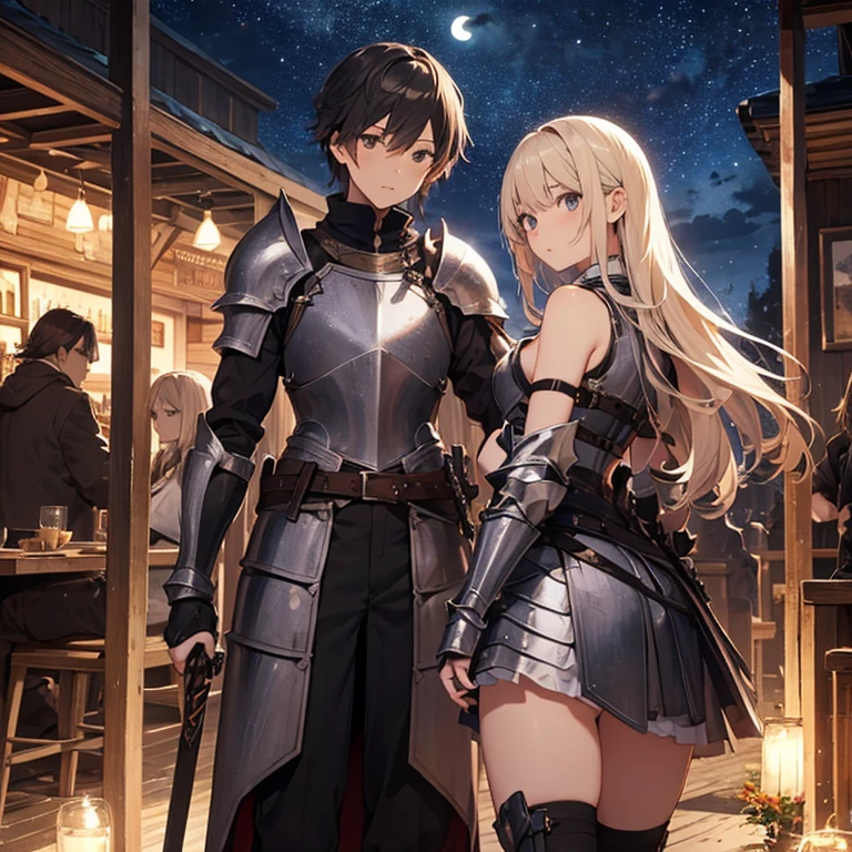 A group of young female knight, (in tavern), various hair styles, harem, wearing armored clothes, metal armor, night, details face, , short skirt, seducing, sword, sleeveless , night, starry night 