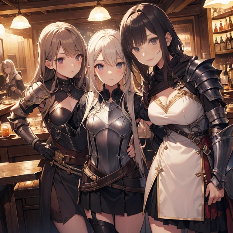 A group of young female knight, (in tavern), various hair styles, harem, wearing armored clothes, metal armor, night, details face, , short skirt, seducing, sword, sleeveless , night, starry night 