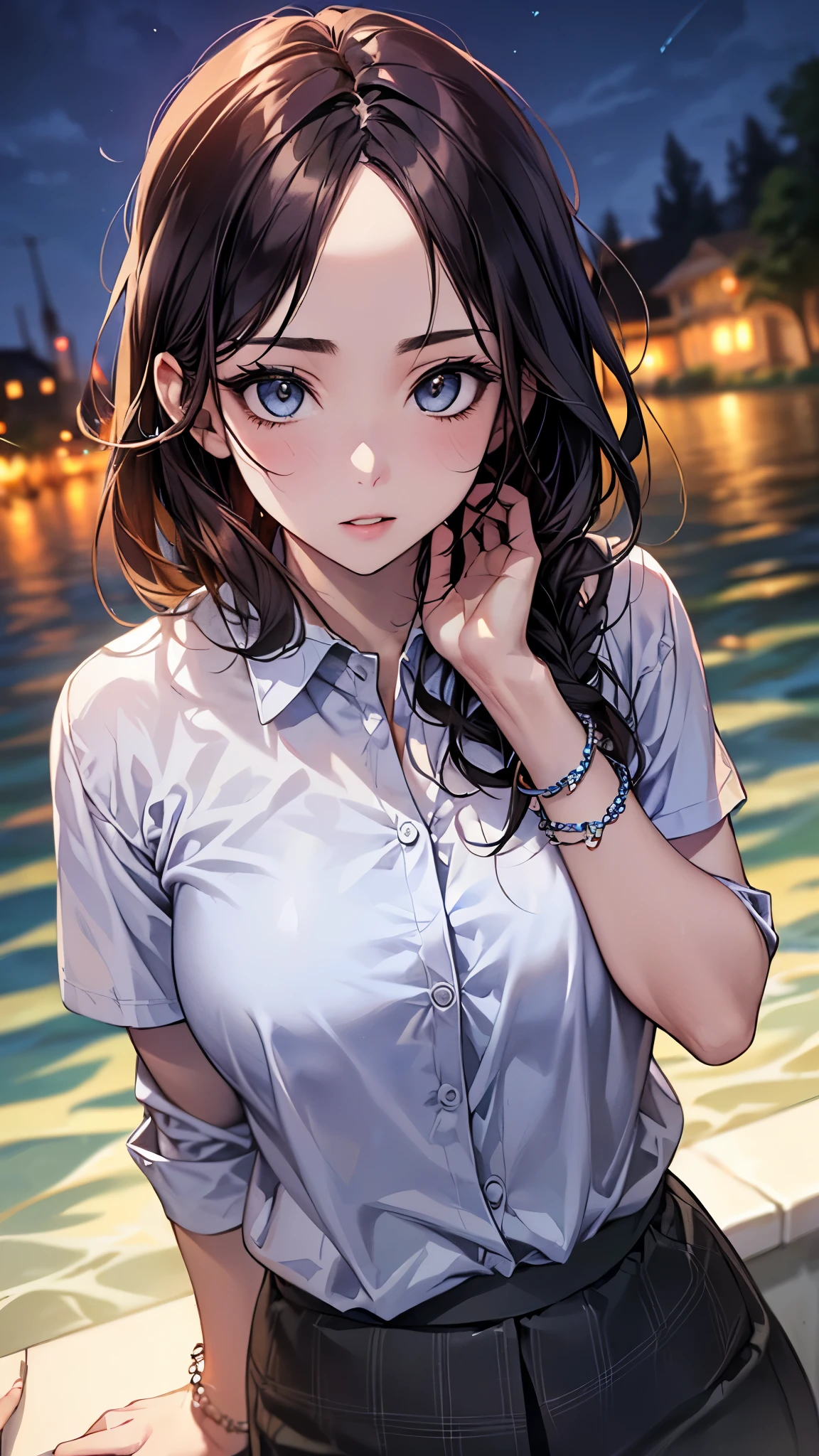((Biologically correct limb count))、(( whole body including face))、4K、Masterpiece、((Focus on the face))、((Symmetrical, well-proportioned facial features))、Eyes with delicate depictions、(((1 person)))、Beautiful woman、Outstanding style、Slender Body、(High heels with anklets、Shiny Stockings)、(((shirt、Checked skirt)))、(((White frame photo)))、((Looking up))、Shy、(((Riverside、Stand on the surface of the water)))、(((Close-up photo of the upper body)))、High angle、night、