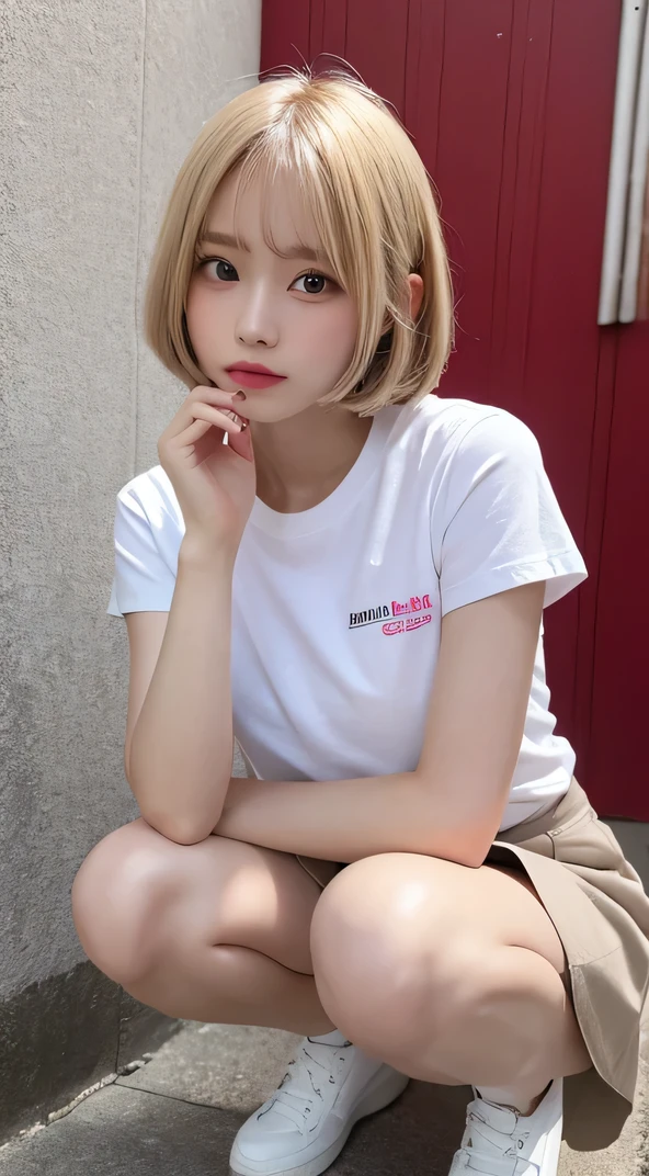 In detail,Full body photo、 High resolution, high quality、Perfect dynamic composition, Beautiful fine details, Blonde、Bobcut、Natural color lip,Kamimei、-yeld gi1 person、Clear Skin、White shirt with red opening、Red mini skirt、Thighs、Shiny Hair、最high quality, figure, Very detailed, In detail, High resolution, 8k、The correct state of the human body、squat、Sculpture model pose,Pink wall