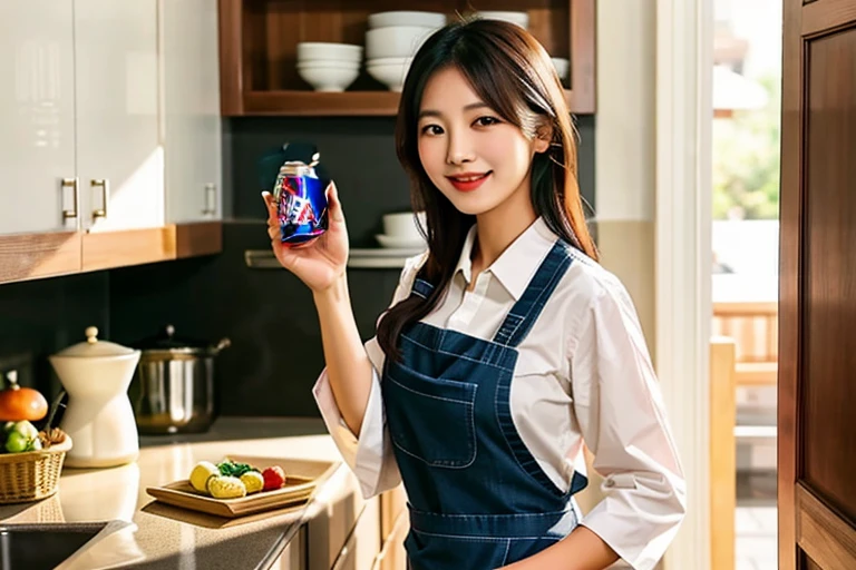 asian female, wearing a shirts, Woman in apron, Holding a can, Facing the camera, a smile ,pepsi can