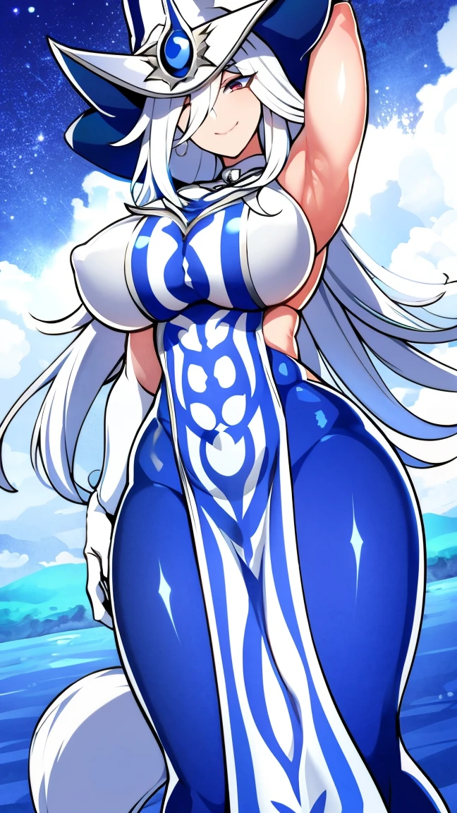 Silent magician, ropa apretada, poca piel visible, ((  ruborizada, sonrisa, oiled skin)),  pelo largo, cabello blanco, (( white hair)), sombrero blanco, Curvy body, abs, muscle, muscle girl, big sagging breast , monstruo de duelo, Iparuputsua, de pie en la entrada de un castillo, magic world background, mundo medieval .