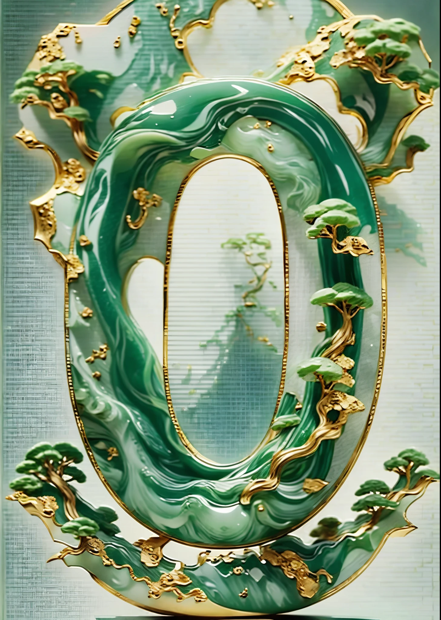 masterpiece，best quality，number "0" is made of jade, gold edges and green trees, golden texture, dimensional, features a rendering, reminiscent of c4d, paintings, Chinese landscape