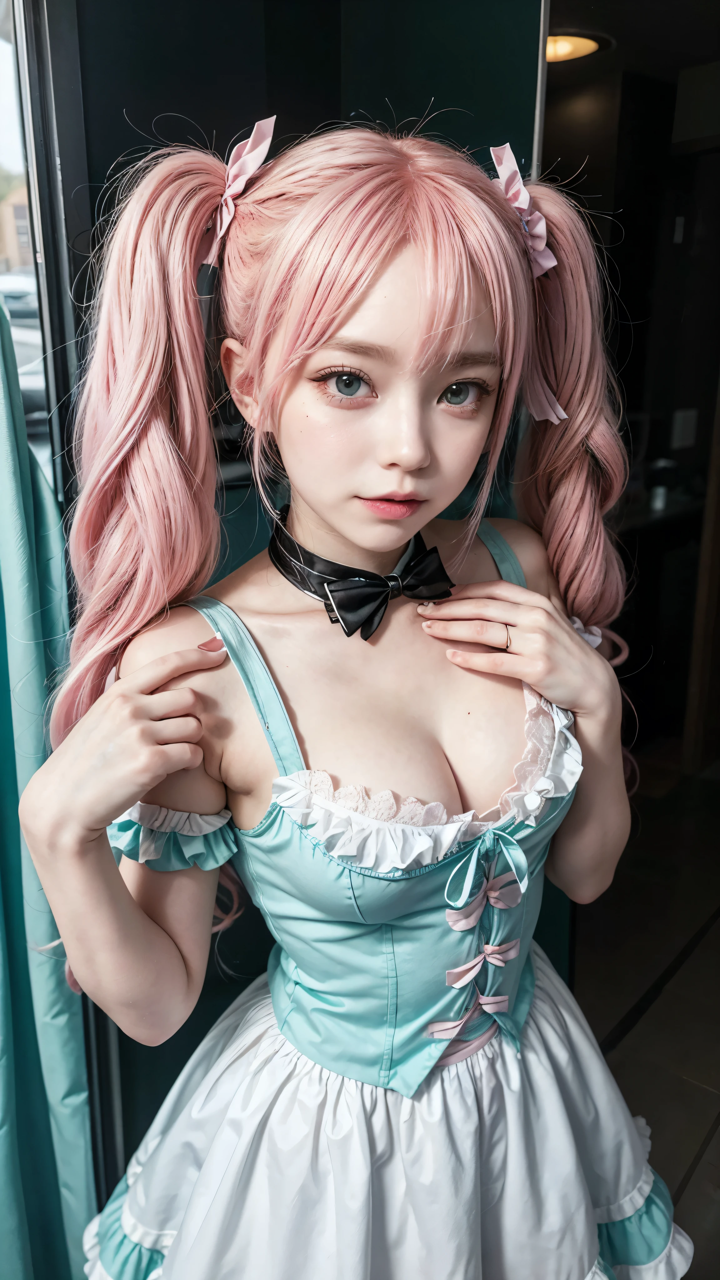 there is a woman with pink hair and a white dress, , pink twintail hair and cyan eyes, hatsune miku cosplay, belle delphine, , mikudayo, bubblegum body, fairycore, decora inspired, rem rezero, candy pastel, cosplay of a catboy! maid! dress, anime girl cosplay, cosplay photo