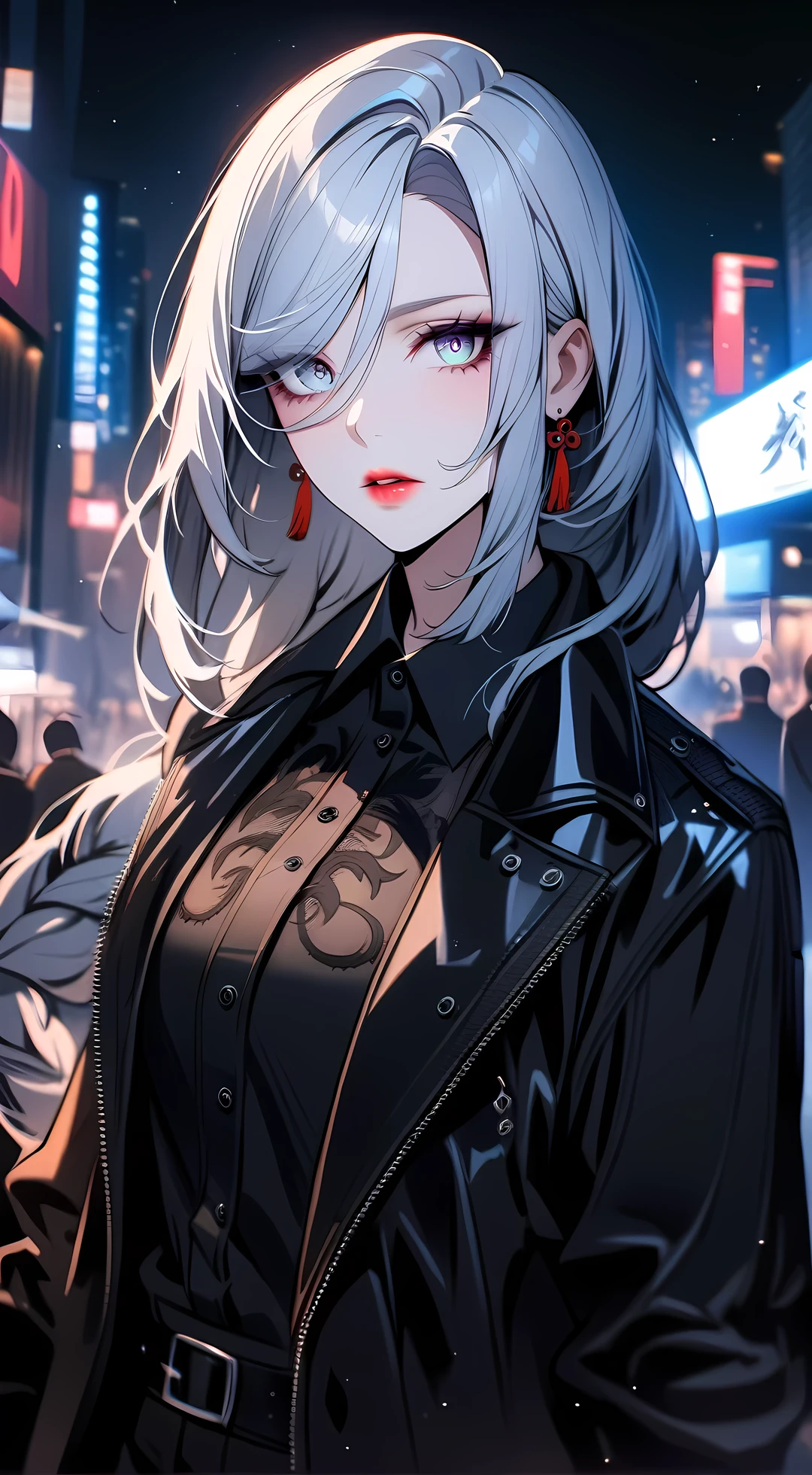 shenhe,solo,1 girl,tattoo, mafia boss, (wear mafia clothes:1.5),, evil aura, villain,night city, ultra-detailed,beautiful detailed eyes,beautiful detailed lips,extremely detailed eyes and face,
