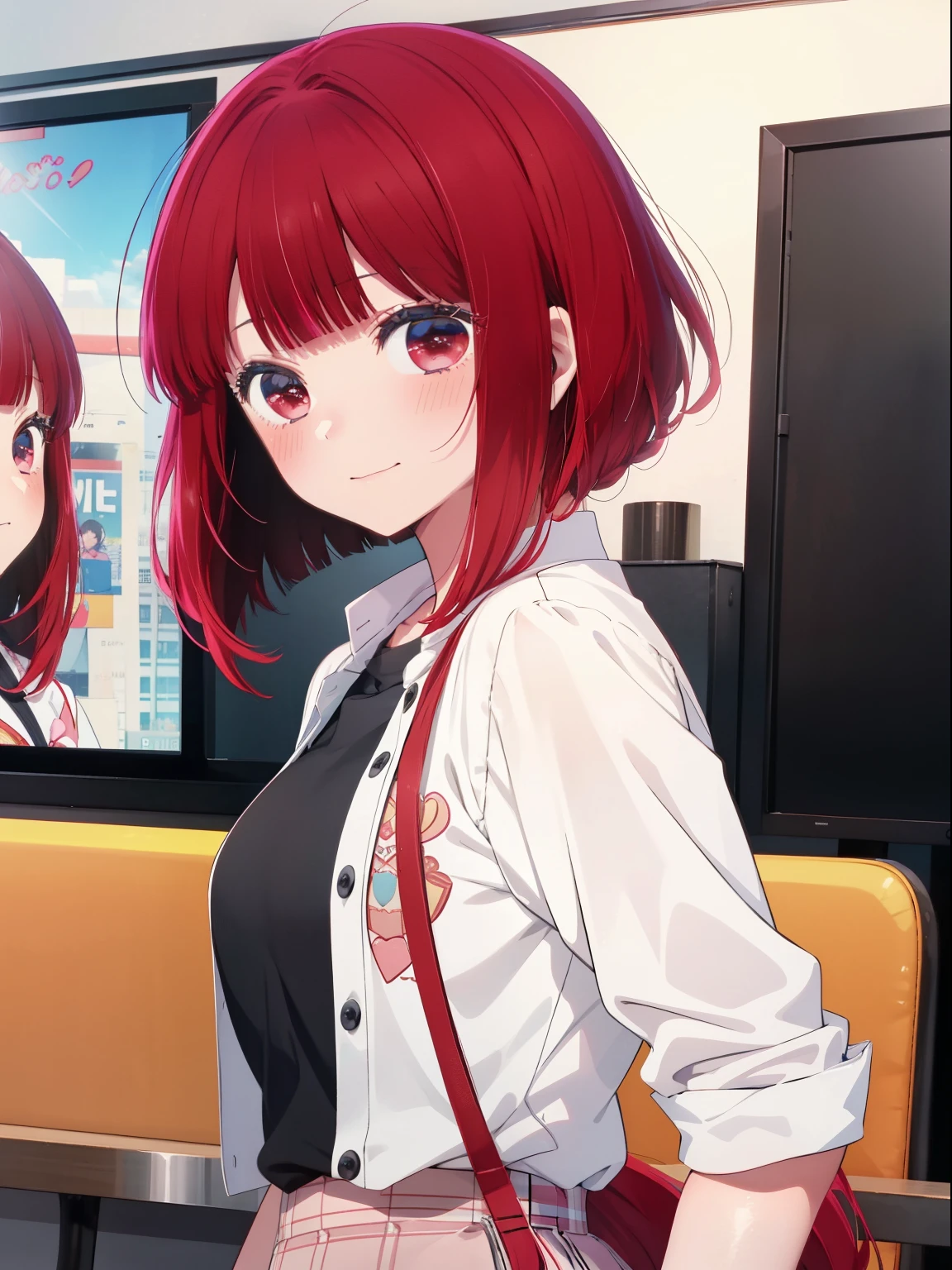 Arima Kana、Good looking girl (Red hair with square bangs、blush, Perfect Face), independent , Looking at the camera, masterpiece, Anime art style, Cute Characters, Most detailed, high quality、Nico Nico Smile、Wear cute clothes、Live Play、Idol Costumes、