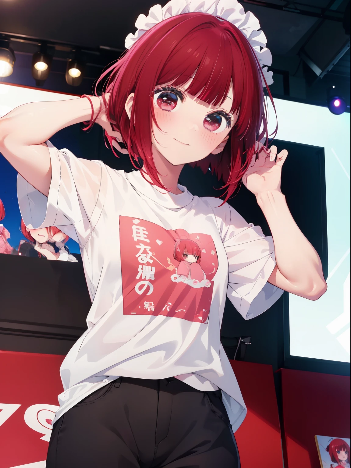 Arima Kana、Good looking girl (Red hair with square bangs、blush, Perfect Face), independent , Looking at the camera, masterpiece, Anime art style, Cute Characters, Most detailed, high quality、Nico Nico Smile、Wear cute clothes、Live Play、Idol Costumes、