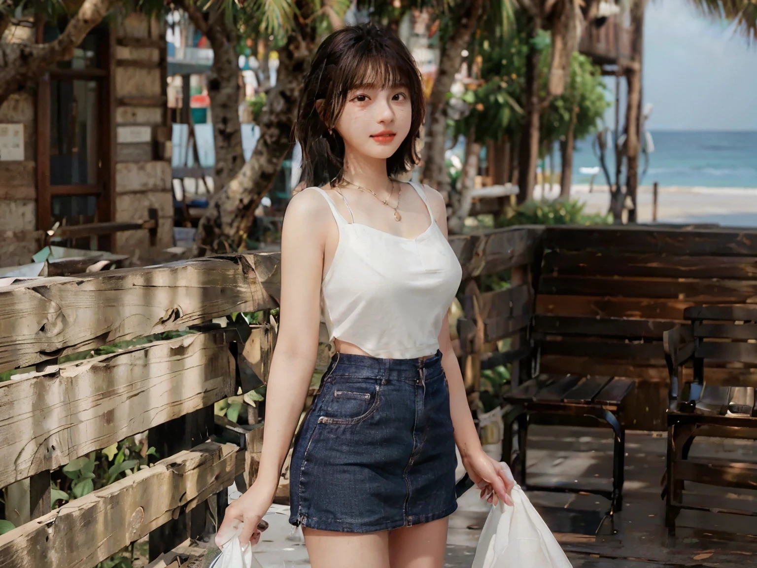 The best quality at its best,original,masterpiece,Ultra-high resolution,pretty girl,Hair worn,Necklace Necklace,Sun protection clothing,camisole,Short skirt,Medium aldives,Seaside,I was healed,