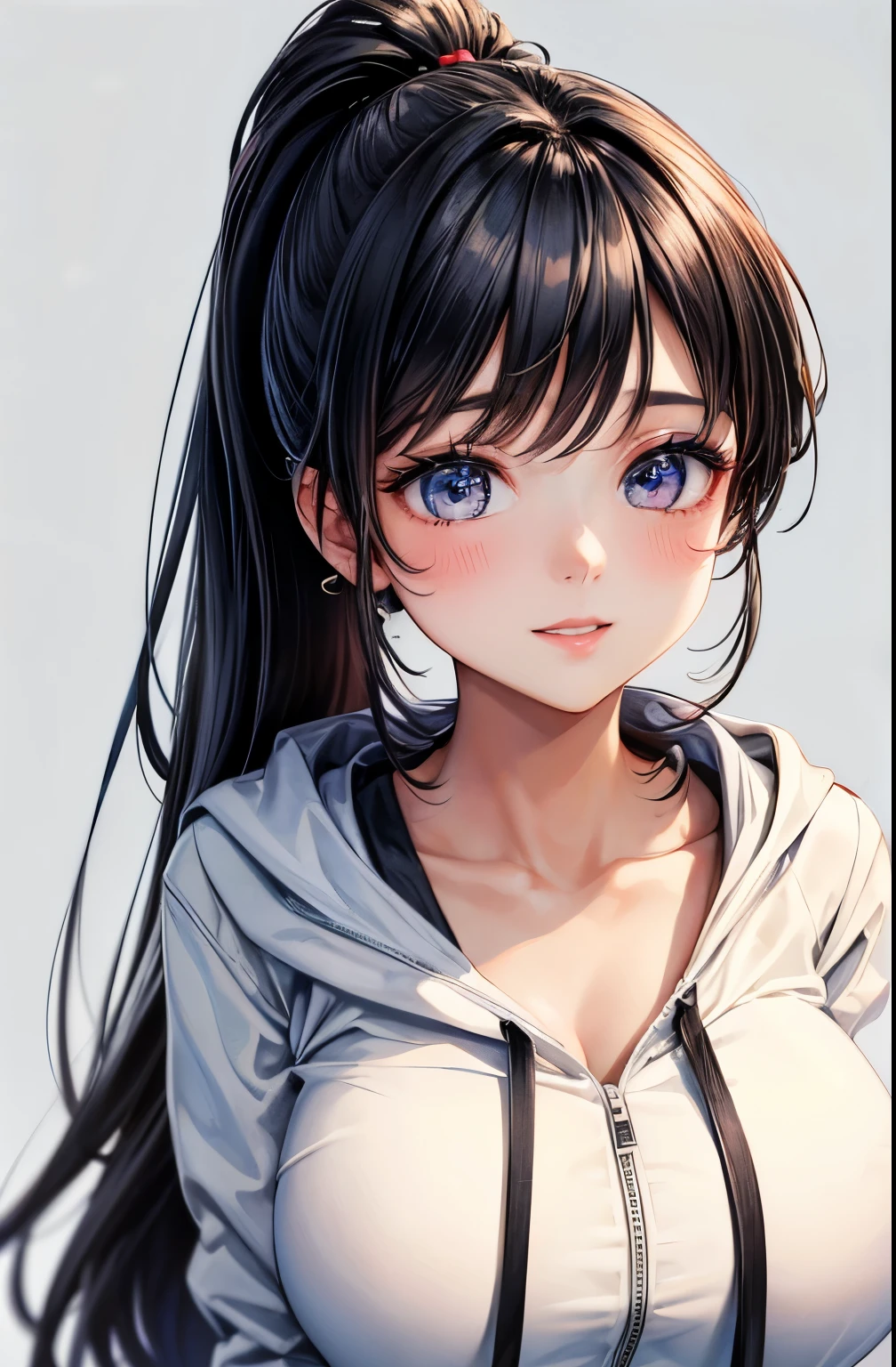 ((best quality)), ((masterpiece)), (detailed), perfect face,(18 years old),(beautiful girl), ponytail,(blackes Braun hair), cute smile (looking at vivers) on a streat road,( full body view),(detailed lips), perfect head ,(detailed face), wers a white hoodi black Stiles short pant that reaches nee, heads in hoodi pocket,(),(perfect  girl), Korean girl 