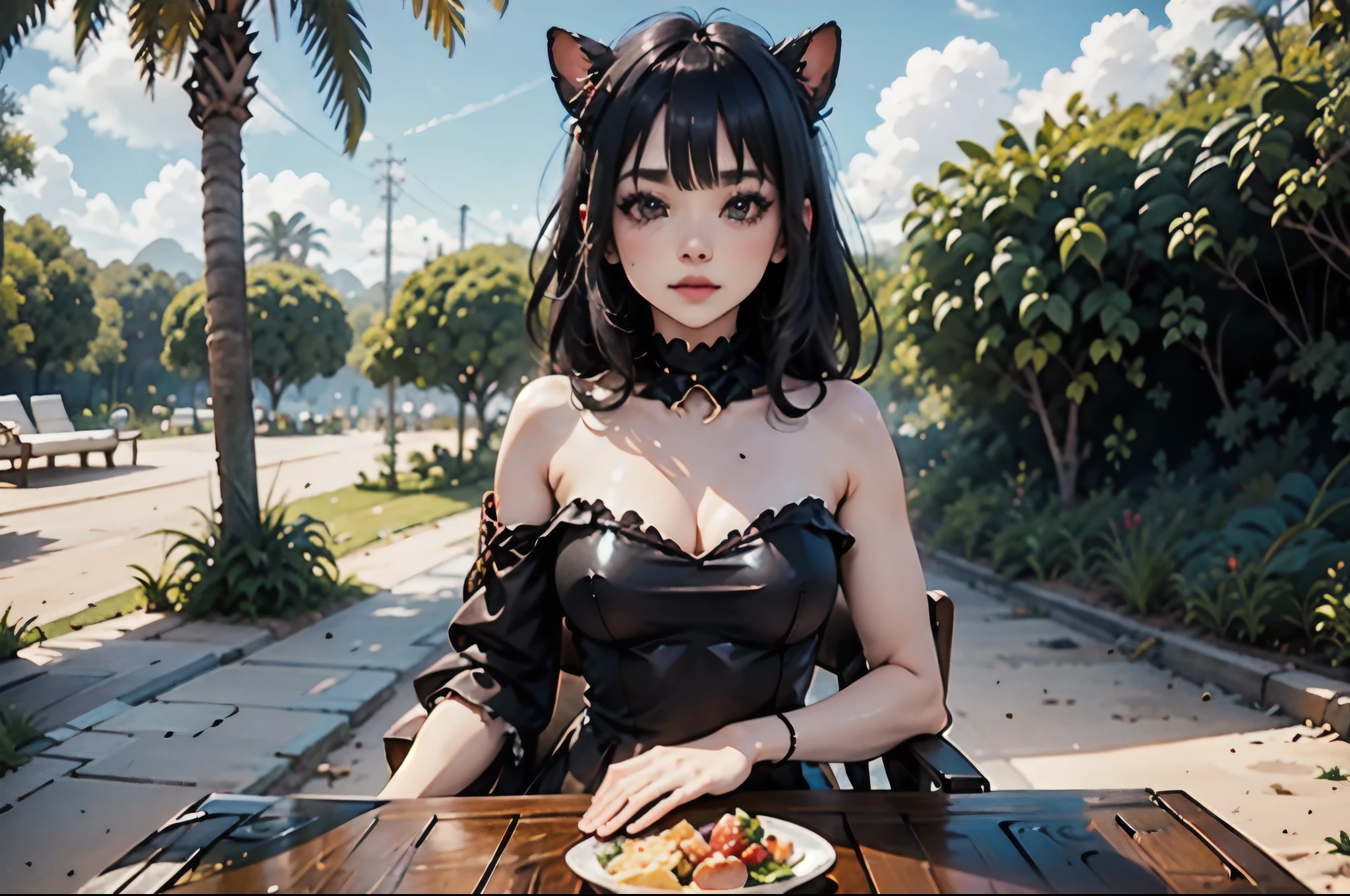 A picturesque tropical beach at sunorteset with palm trees goldenorte sanorted anorted calm oceanorte waters,ultra-detalle,(high resolution:1.1),mejor calidad,(Obra maestra:1.3),cinorteematic lightinorteg,
ROMPER,
(detailed face anorted eyes:1.1),(parte superior del cuerpo:1.1),norte_2b,blinortedfold,black blinortedfold,(1 chica:1.1),